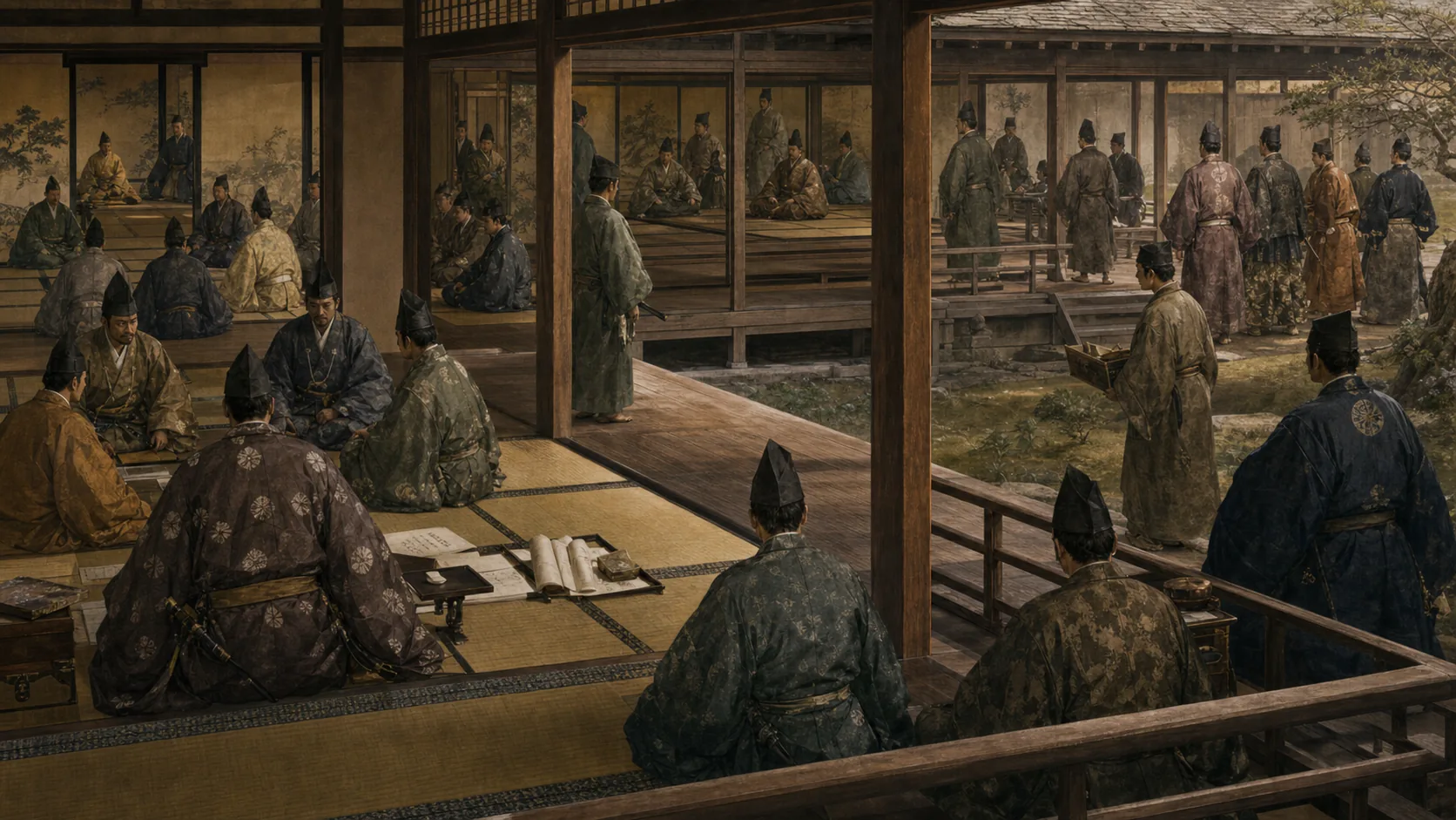 複数の座敷と中庭で交渉や使者の往来が進む様子を描いたAI再構成