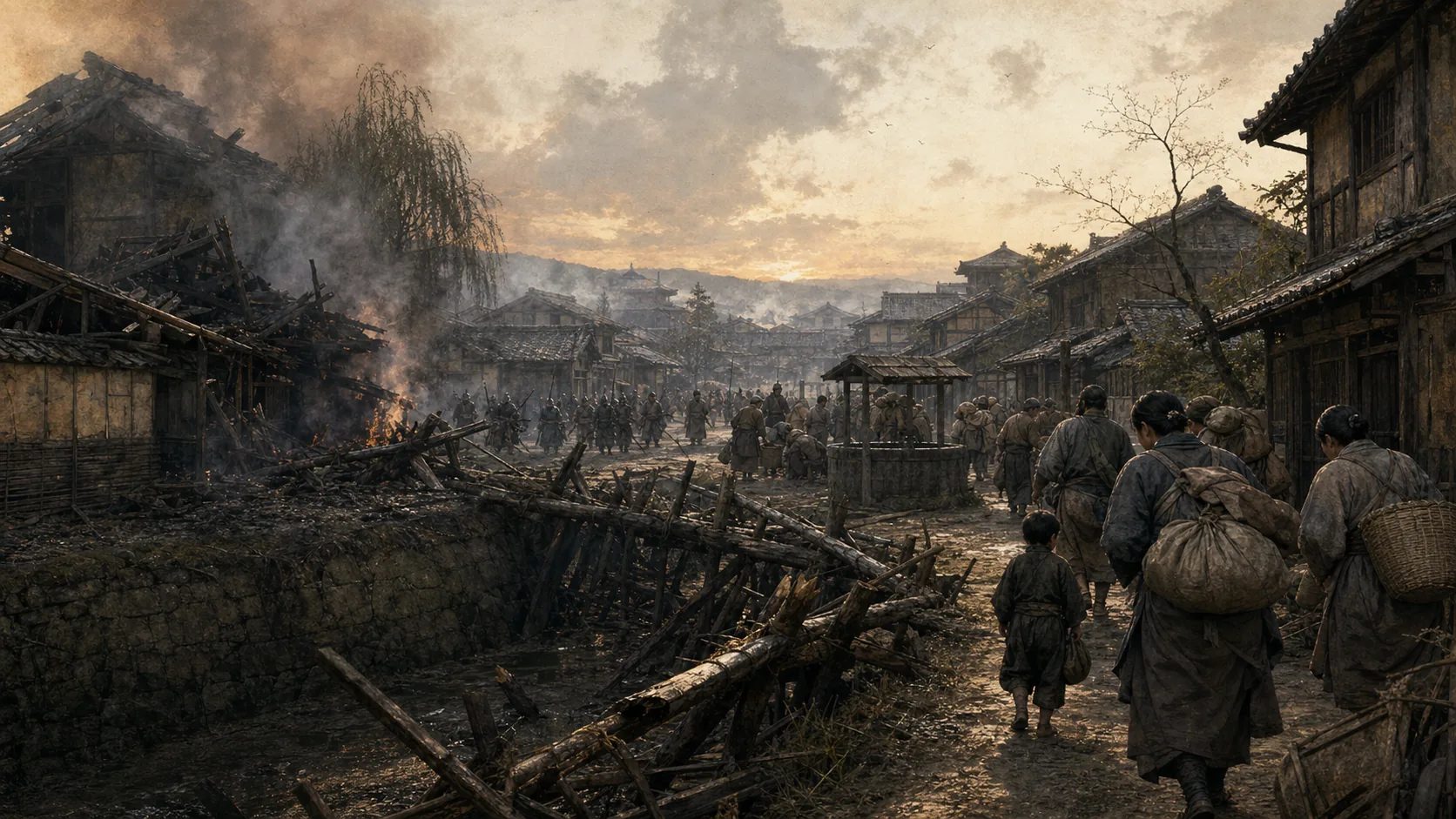 局地的な焼け跡のある通りを家財を持って移動する住民を描いたAI再構成