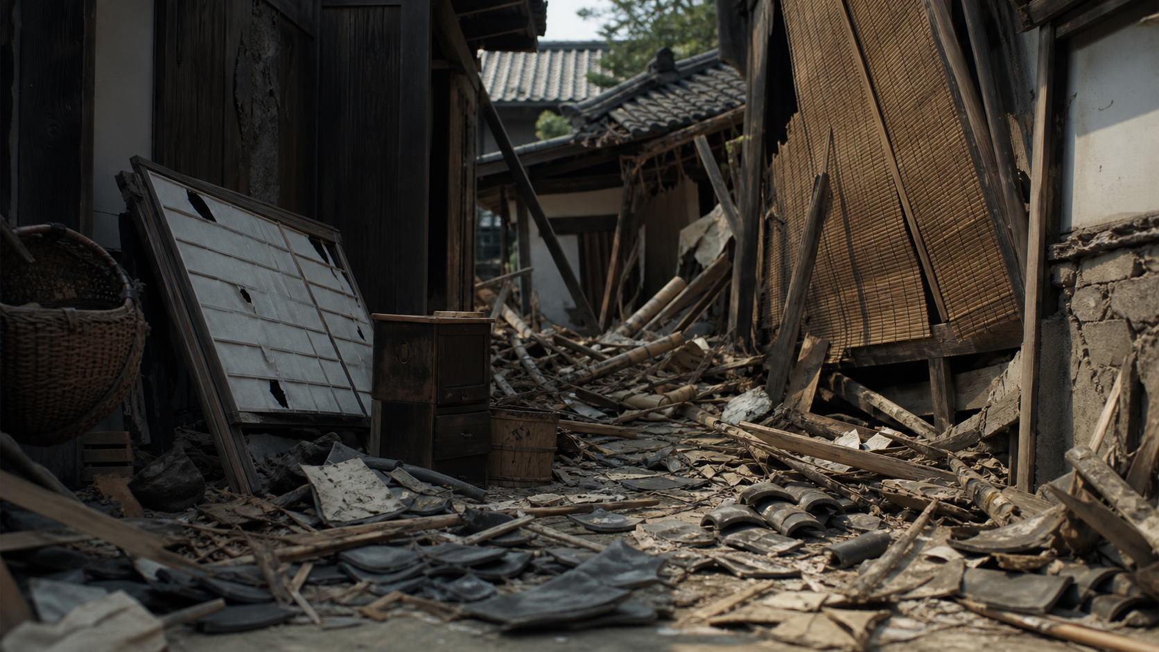 倒壊した家屋と路地のAI再構成