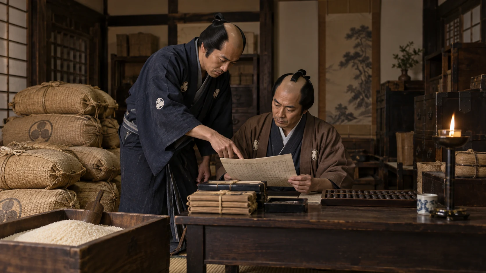商家で帳面を扱う人物を描いた映像上の再構成