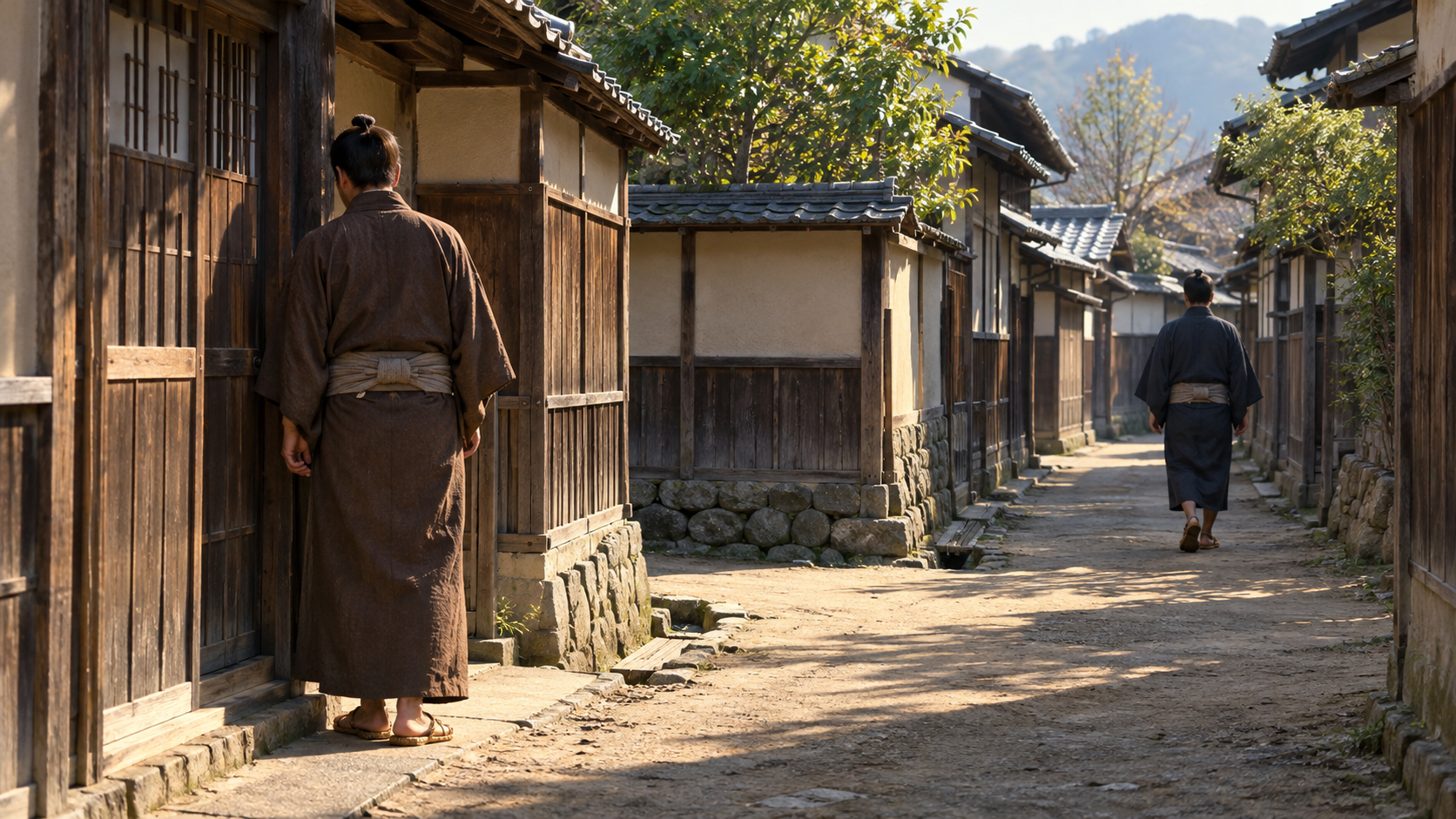 町家の道で別々の方向へ向かう匿名の男性たちの創作情景