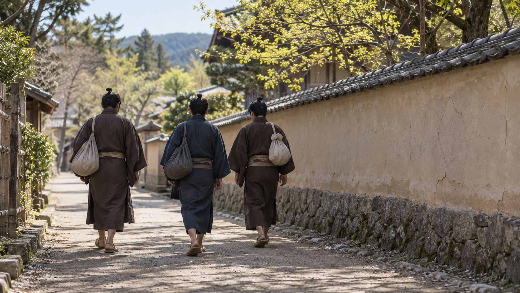 荷を持って道を歩く匿名の三人の創作情景