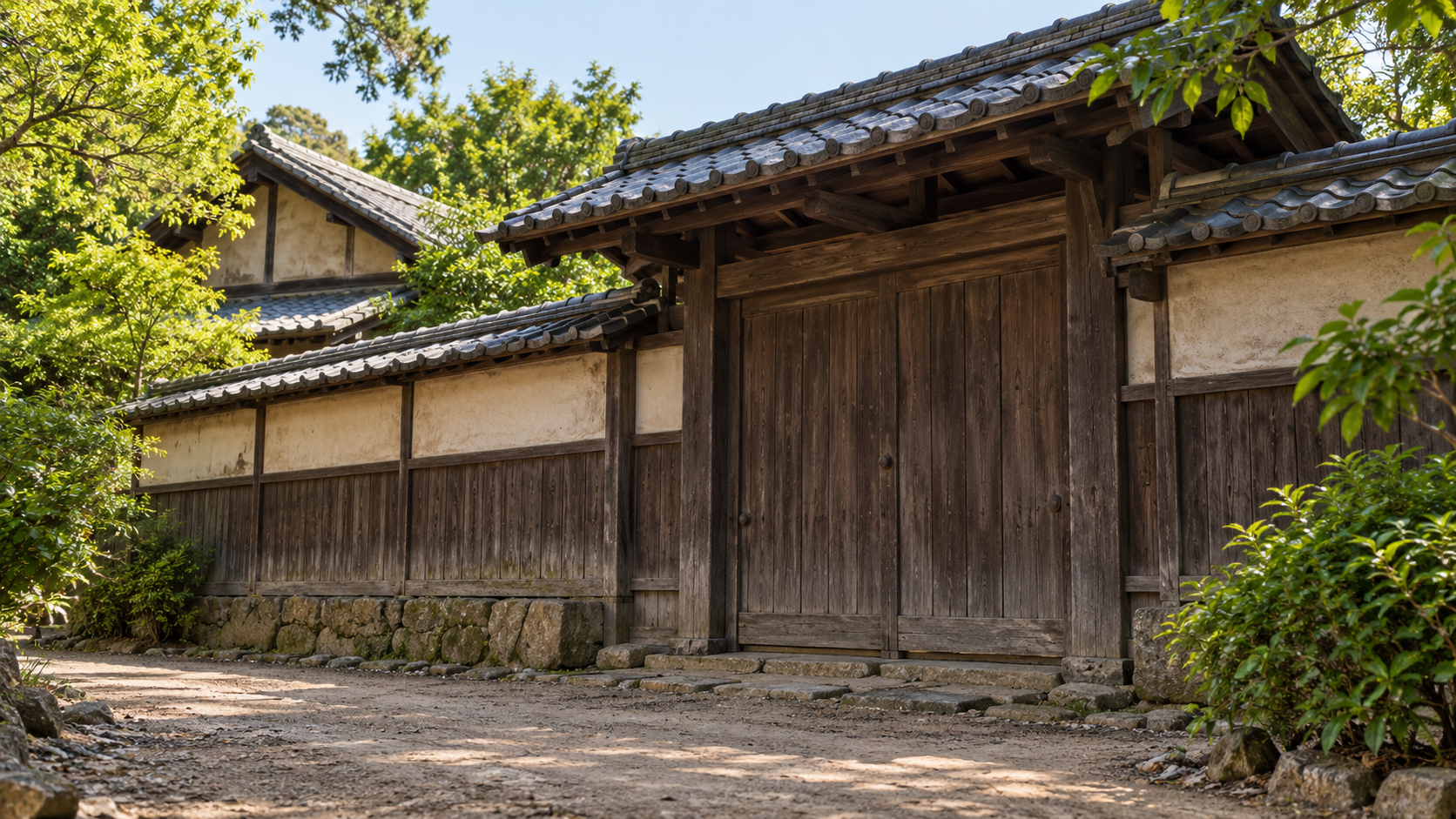 木塀と閉じた門が続く架空の屋敷