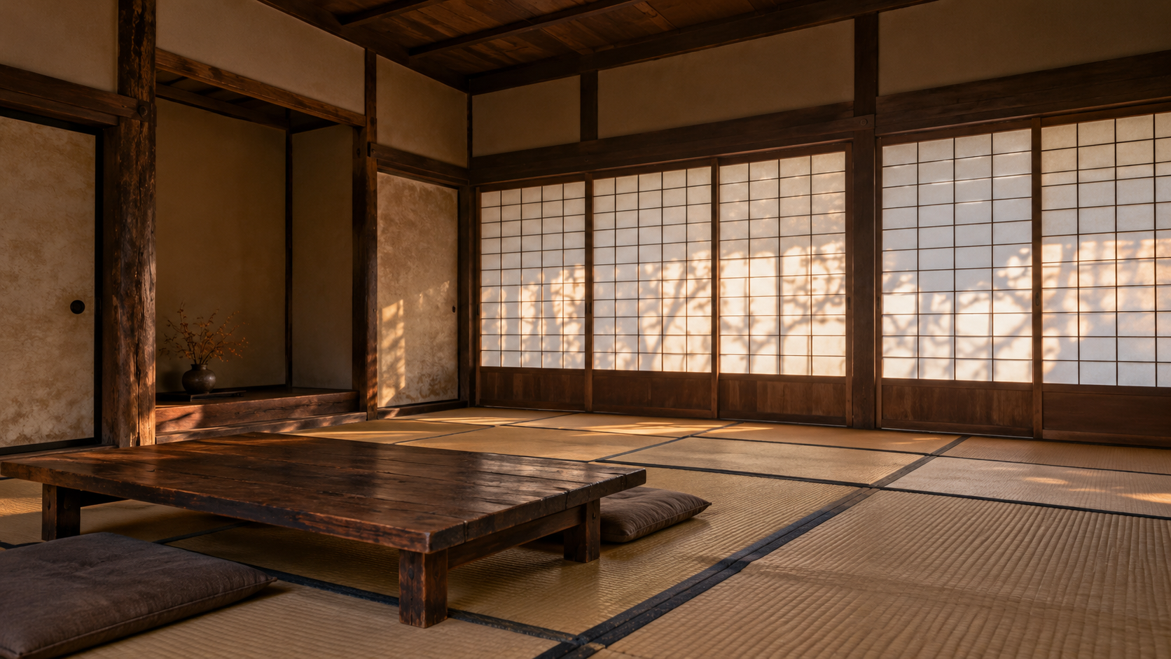 障子から光が入る無人の和室の創作情景
