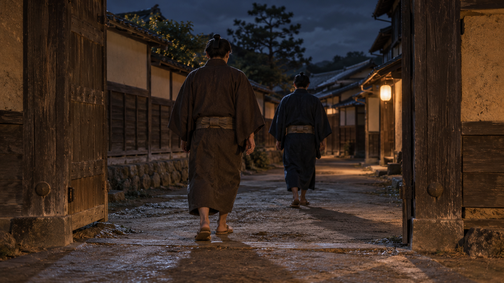 夜の道を歩く匿名の二人の創作情景