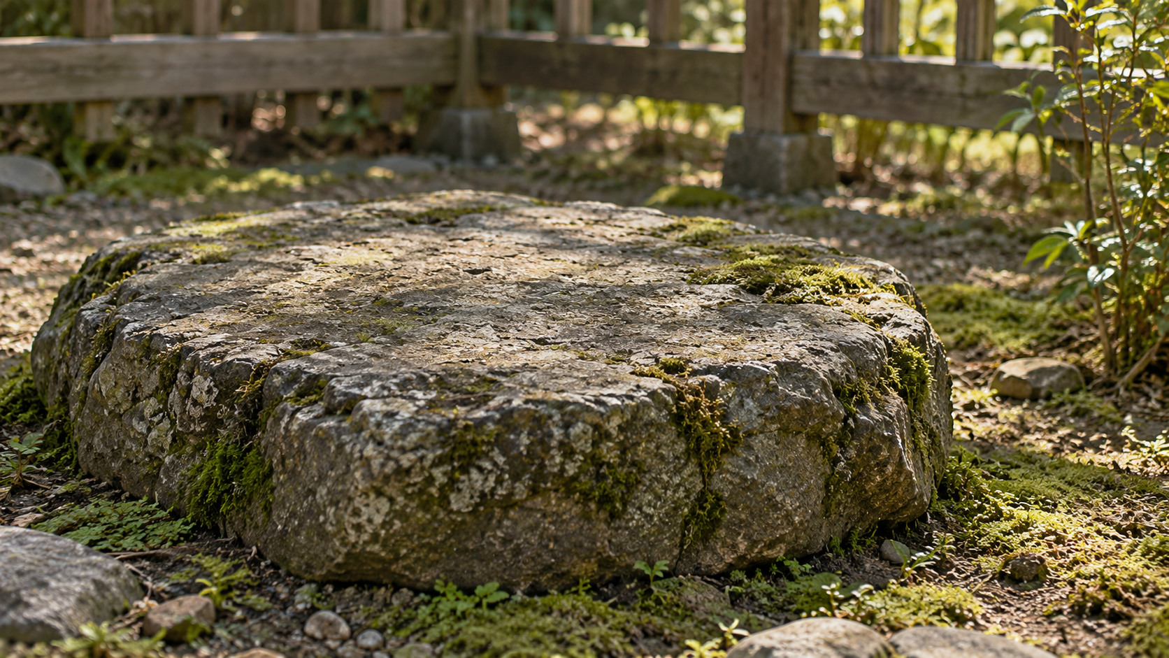 苔むした無銘の石と木柵の創作情景