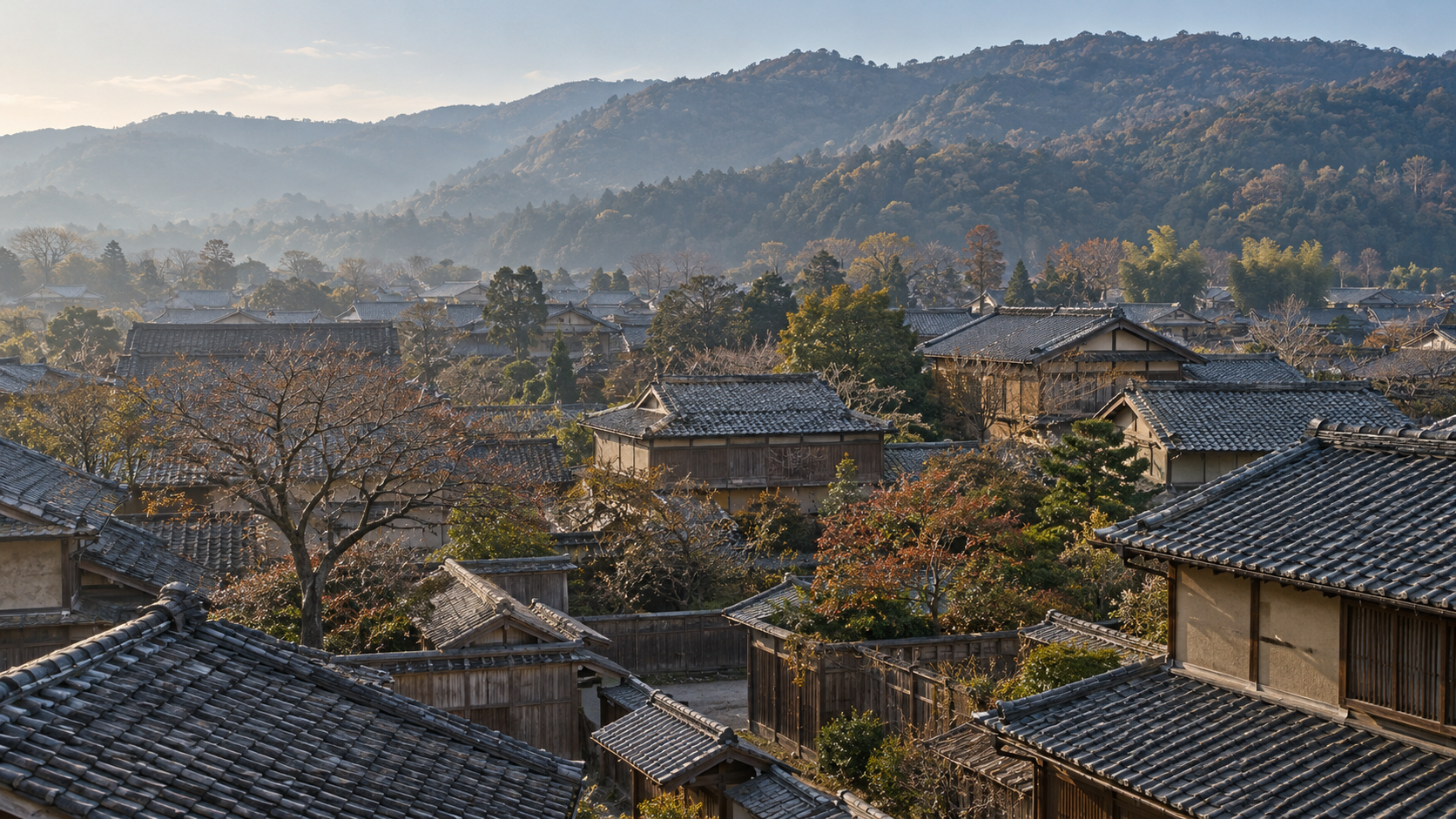 山並みを背景にした架空の幕末の町並み