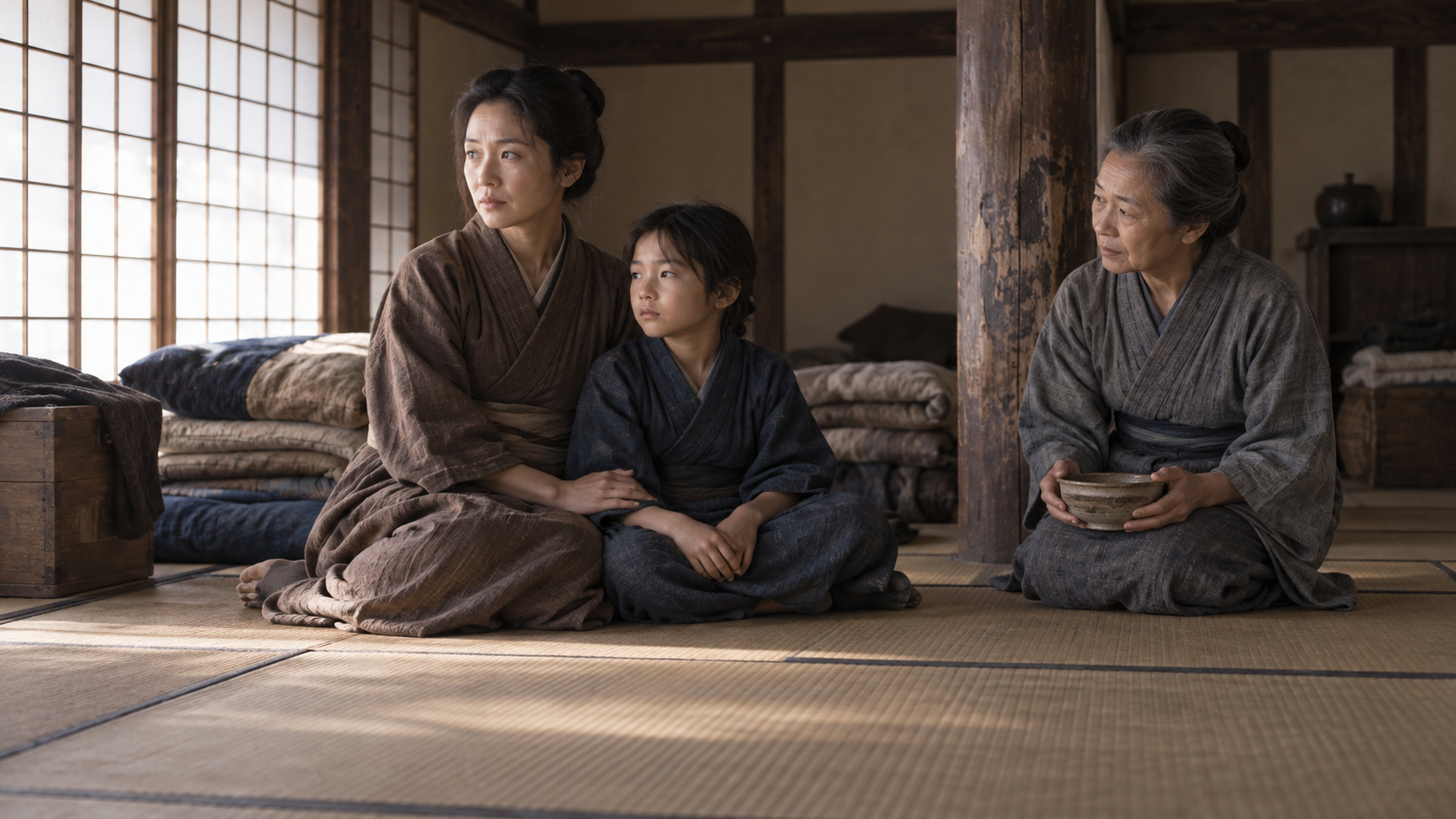 畳の部屋で身を寄せる女性と子どもの創作情景