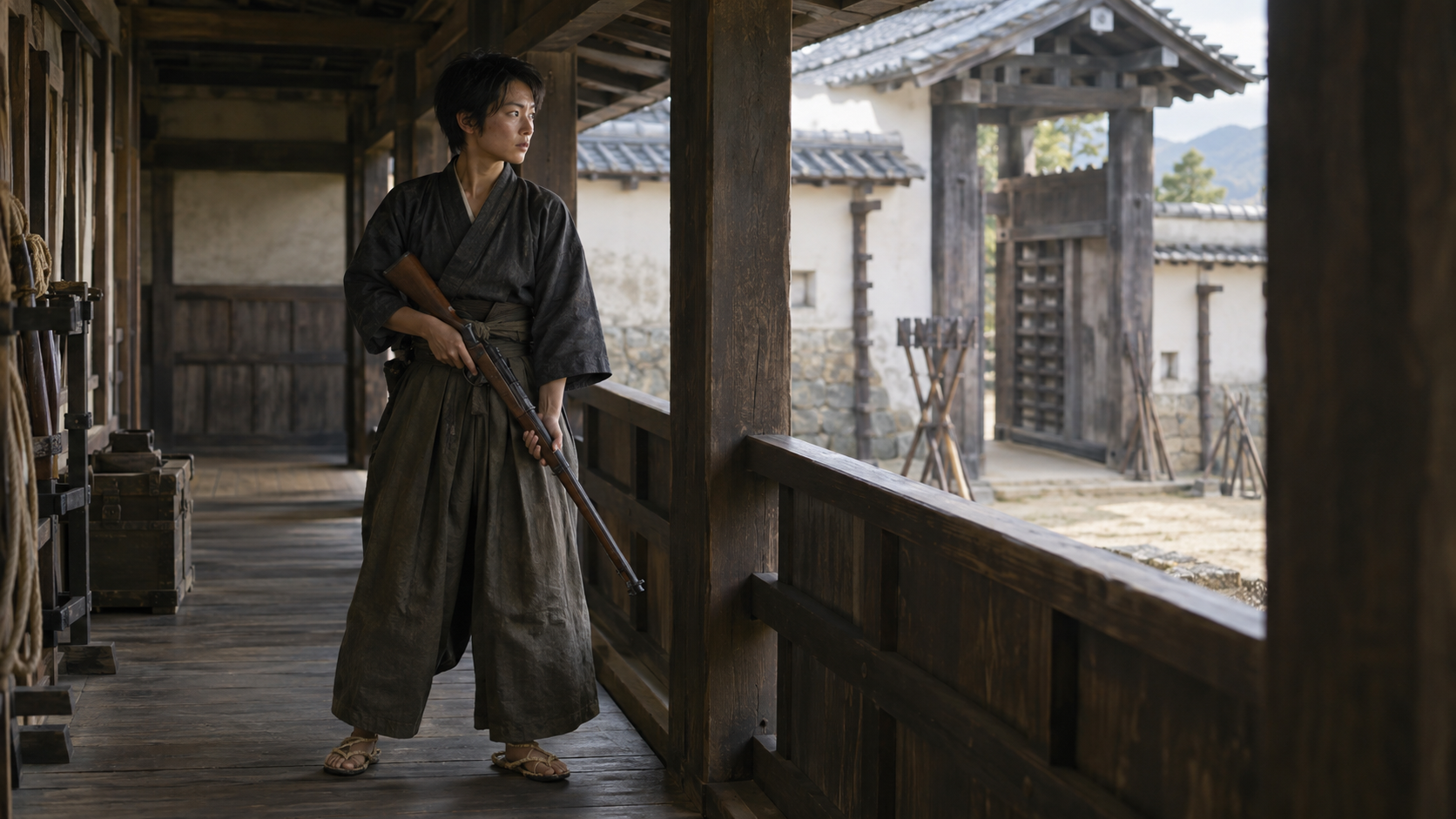 城内の木造廊下で銃を持って立つ女性の創作情景