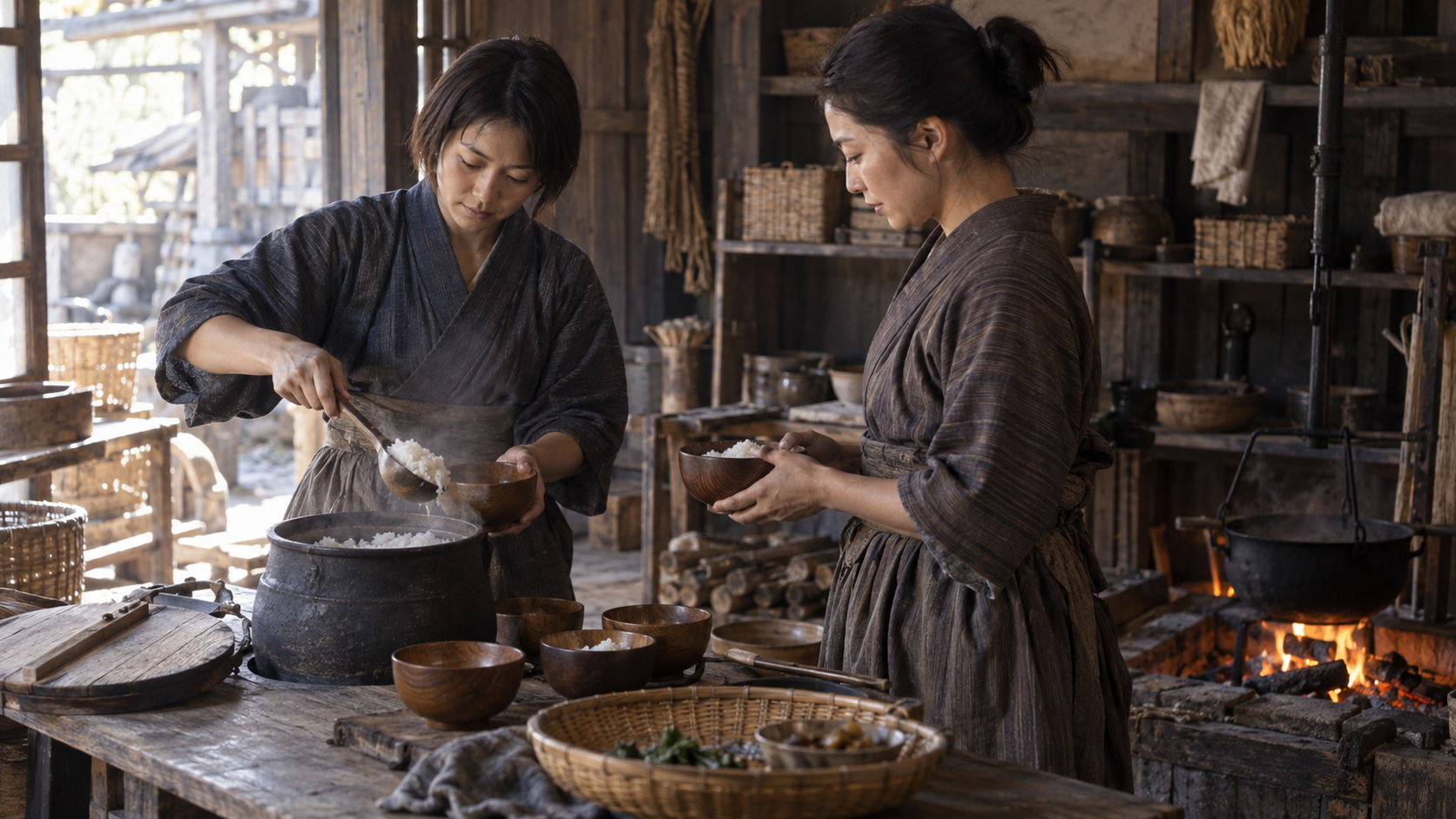 かまどの前で食事を作り分ける女性たちの創作情景