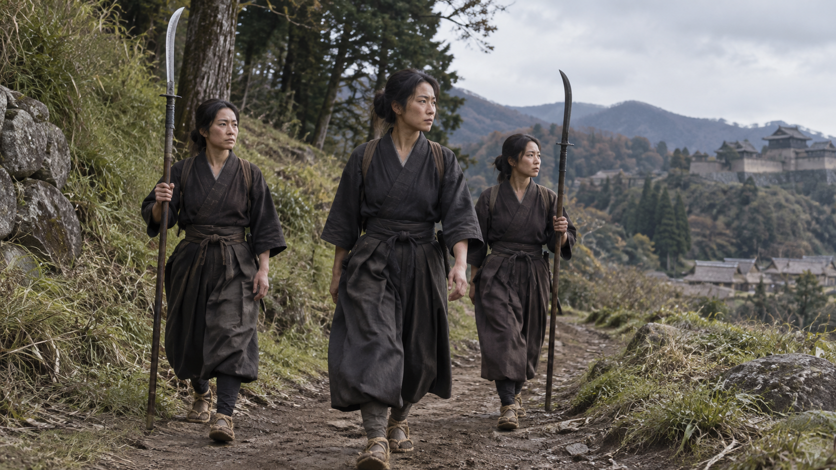 長柄の武器を持ち土の道を進む女性たちの創作情景