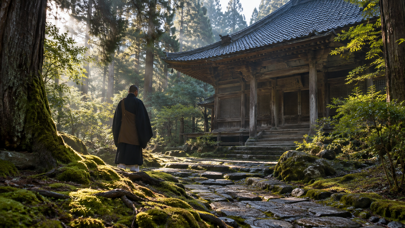木立に囲まれた寺院を訪れる人物の創作情景