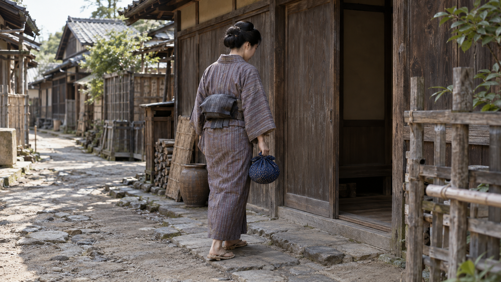 明治期を想起する町の道を歩く女性の創作情景