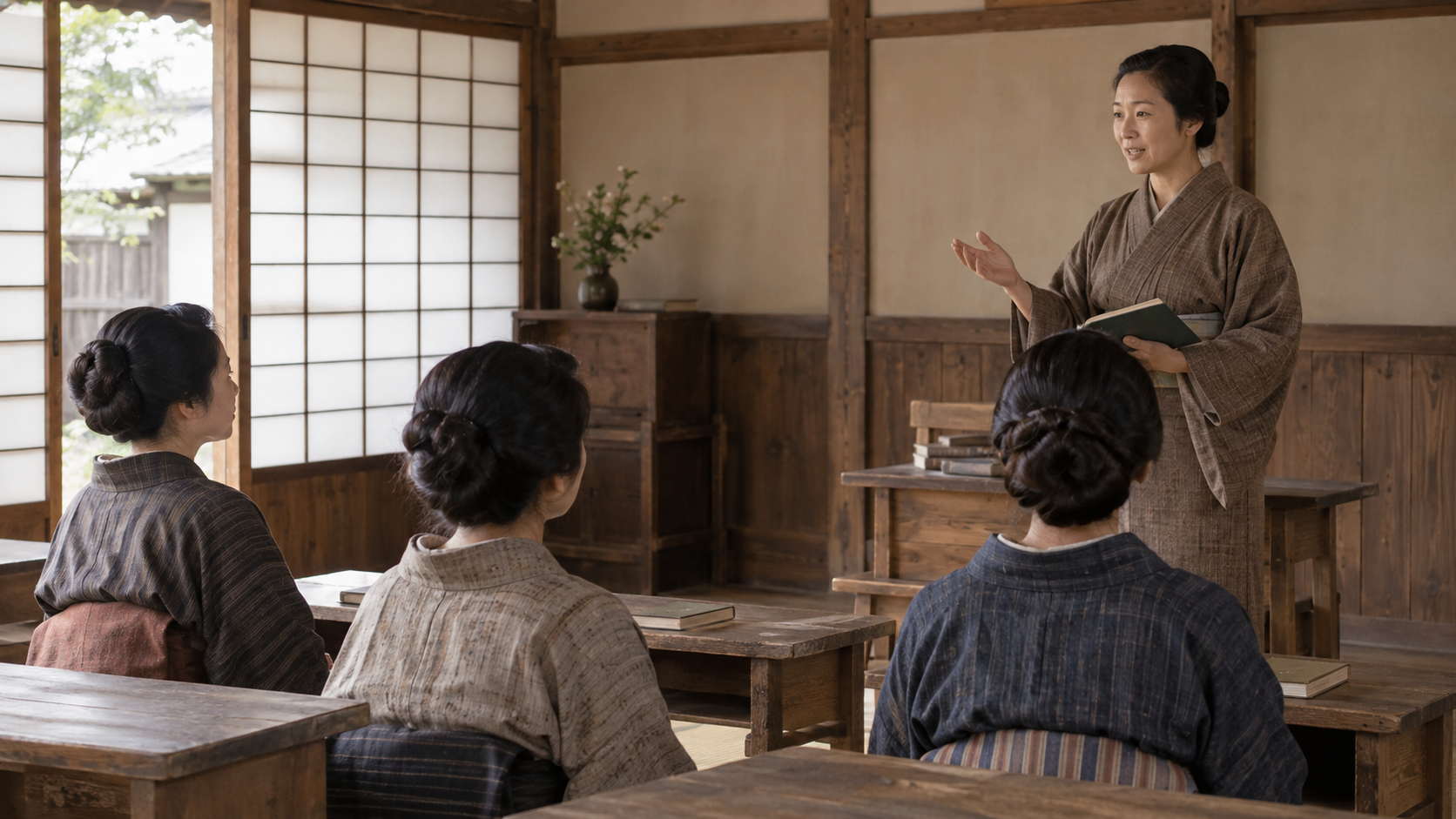 木造の教室で女性に教える人物の創作情景