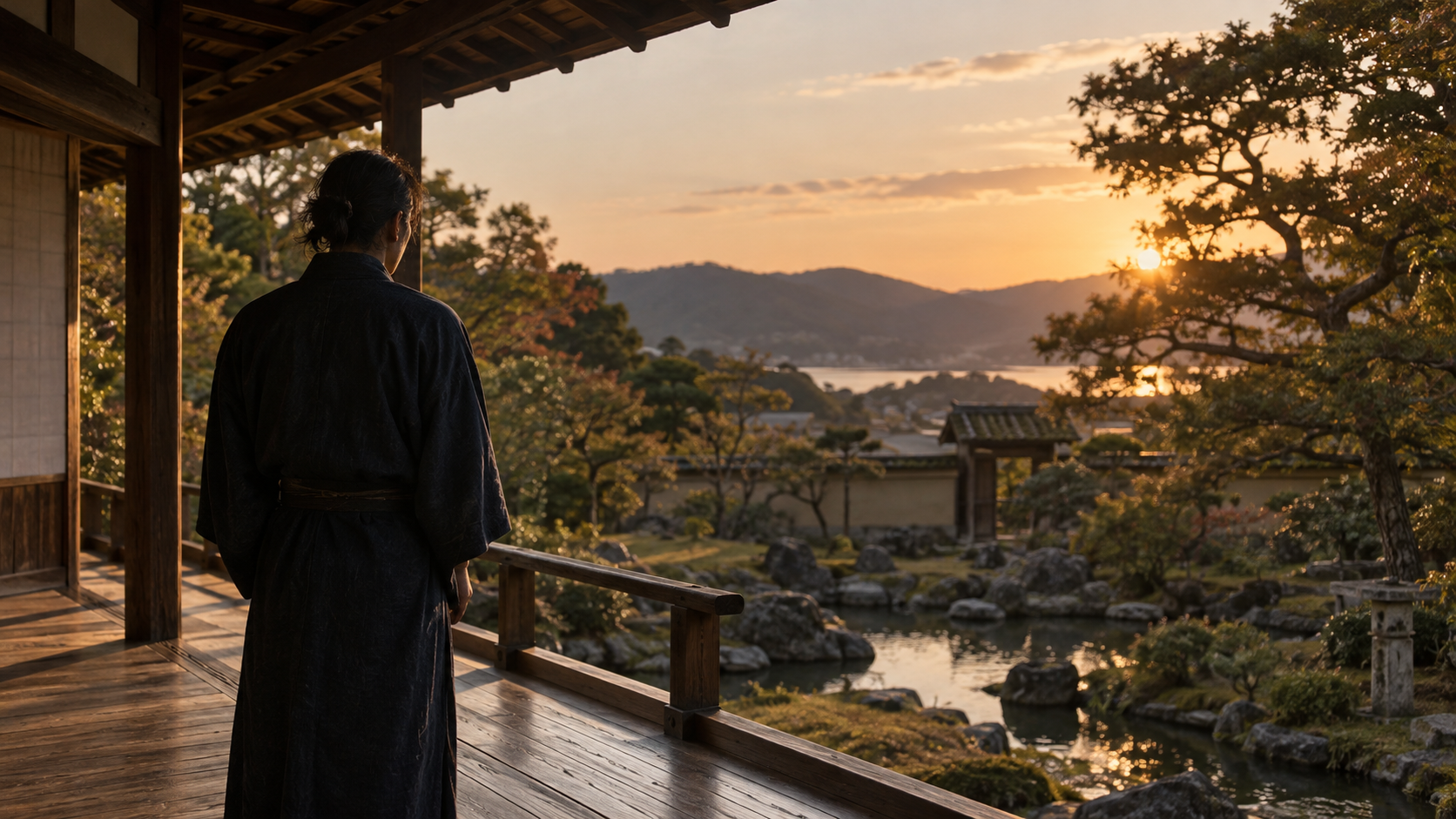 庭を眺める匿名の近世人物の後ろ姿を描いた概念情景
