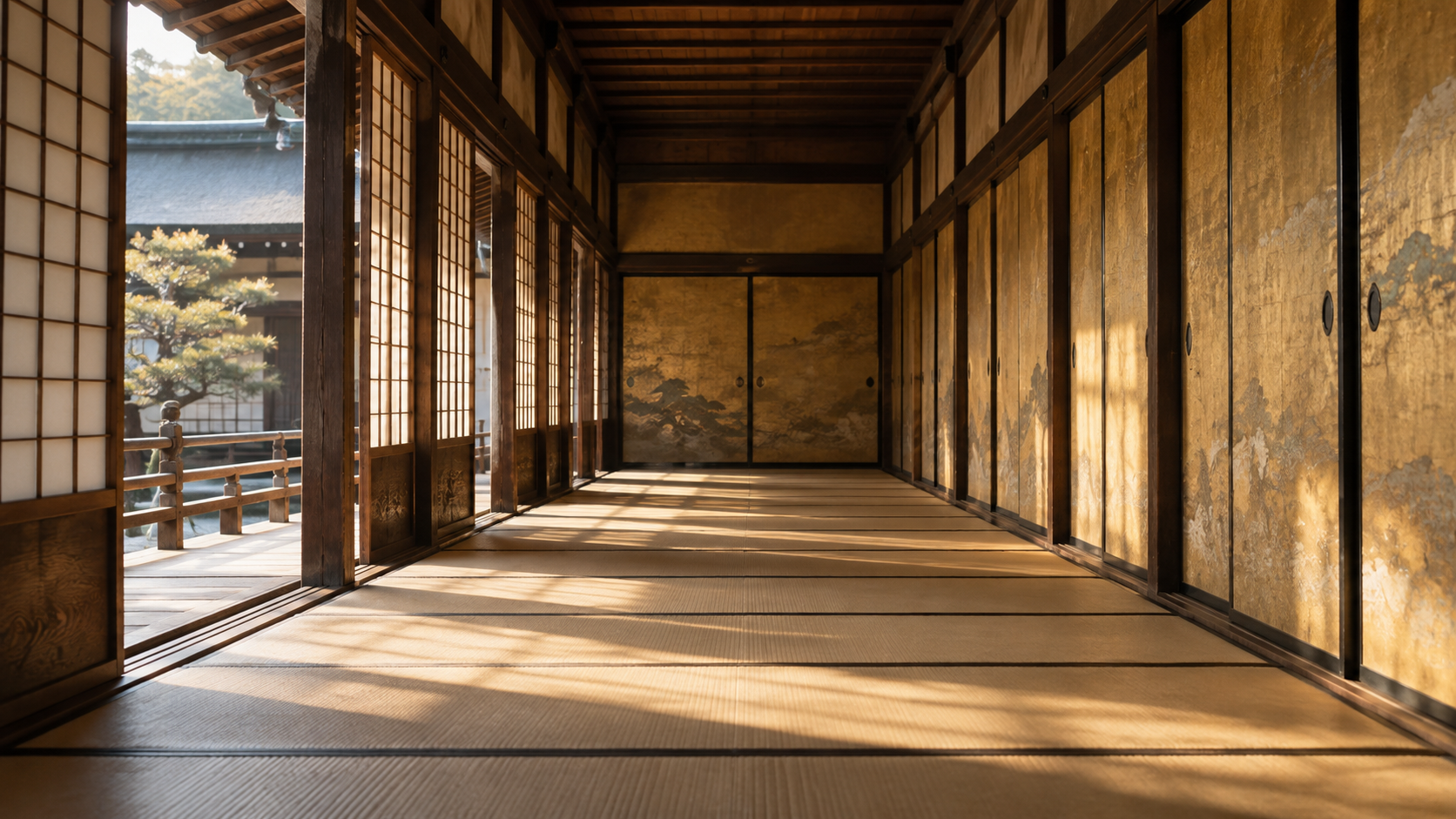 日光が入る無人の木造廊下の概念情景