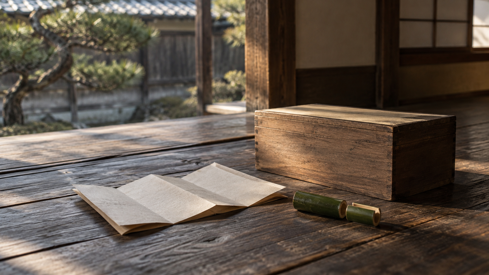 文書箱と白紙、青竹の概念静物