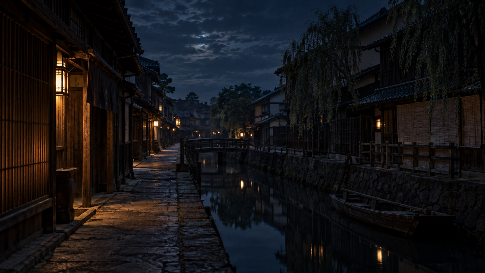 夜明け前の無人の町路と水路を描いた概念情景