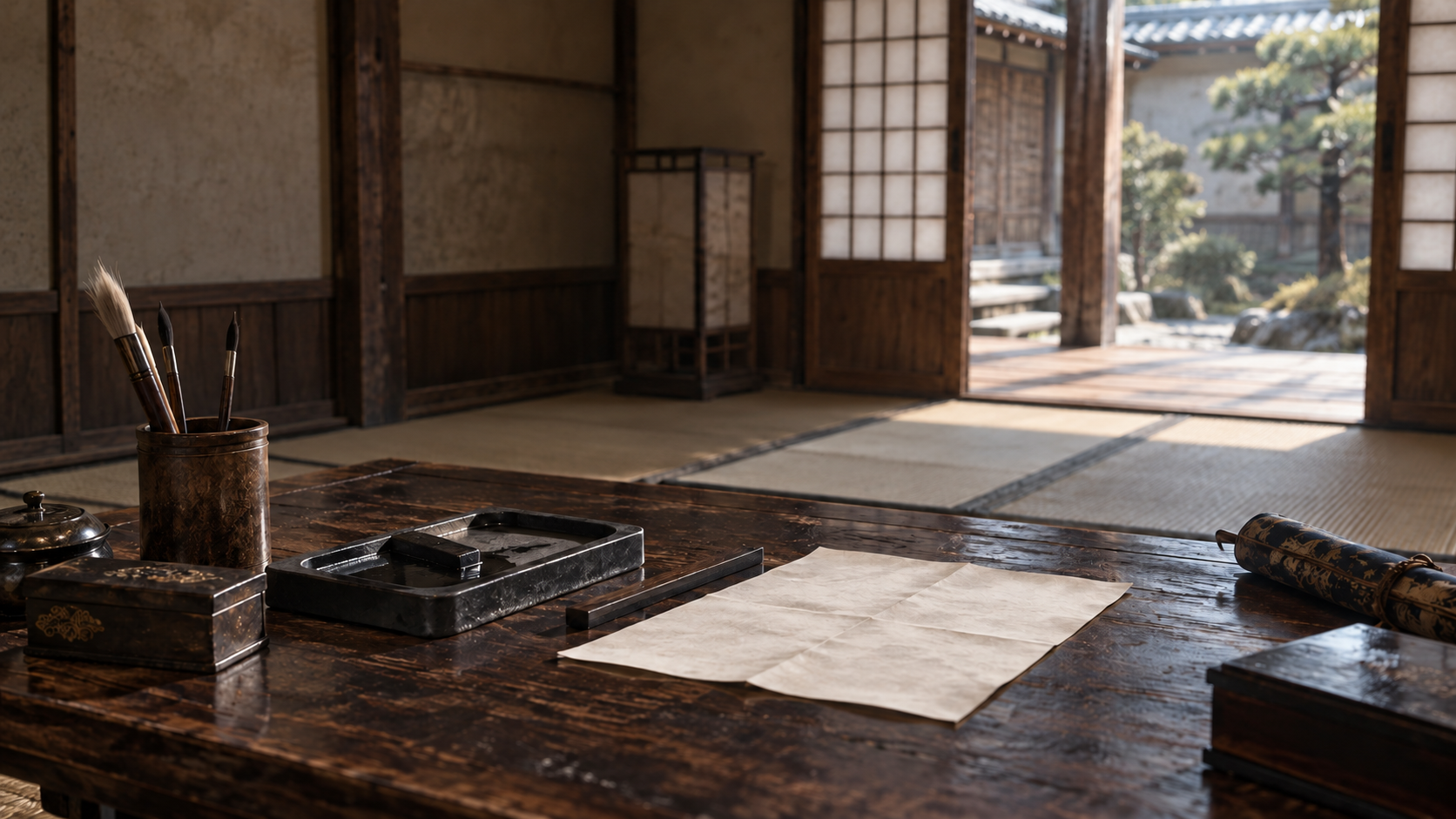 白紙と筆、硯を置いた無人の部屋の概念静物