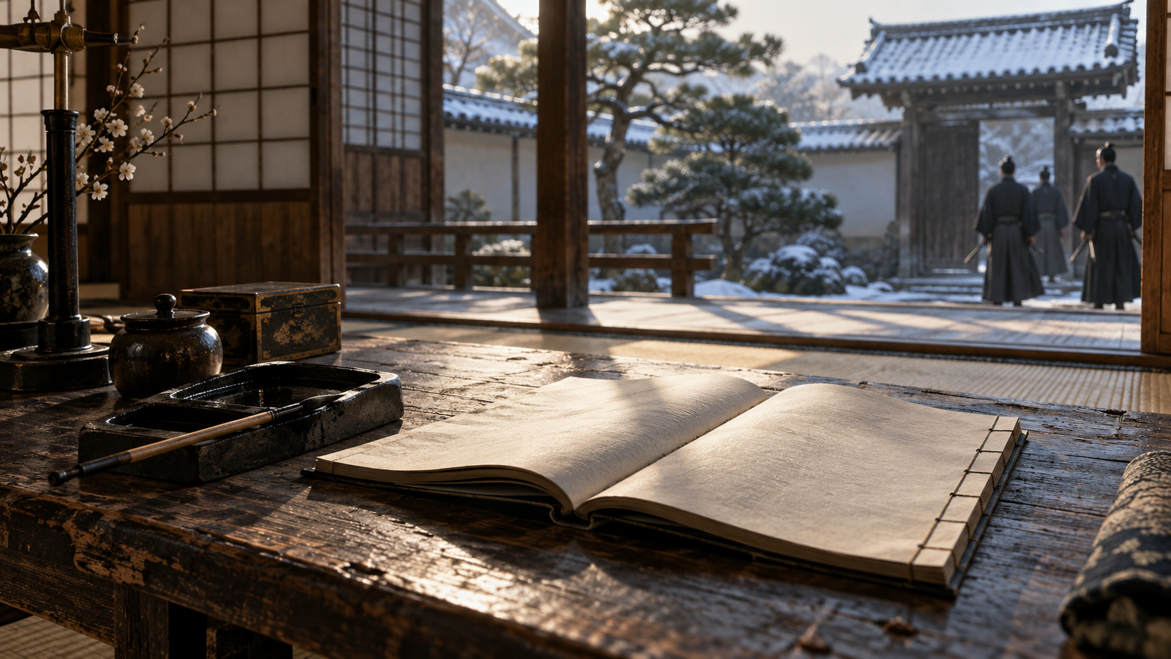 白紙の本と硯を置いた机の概念情景