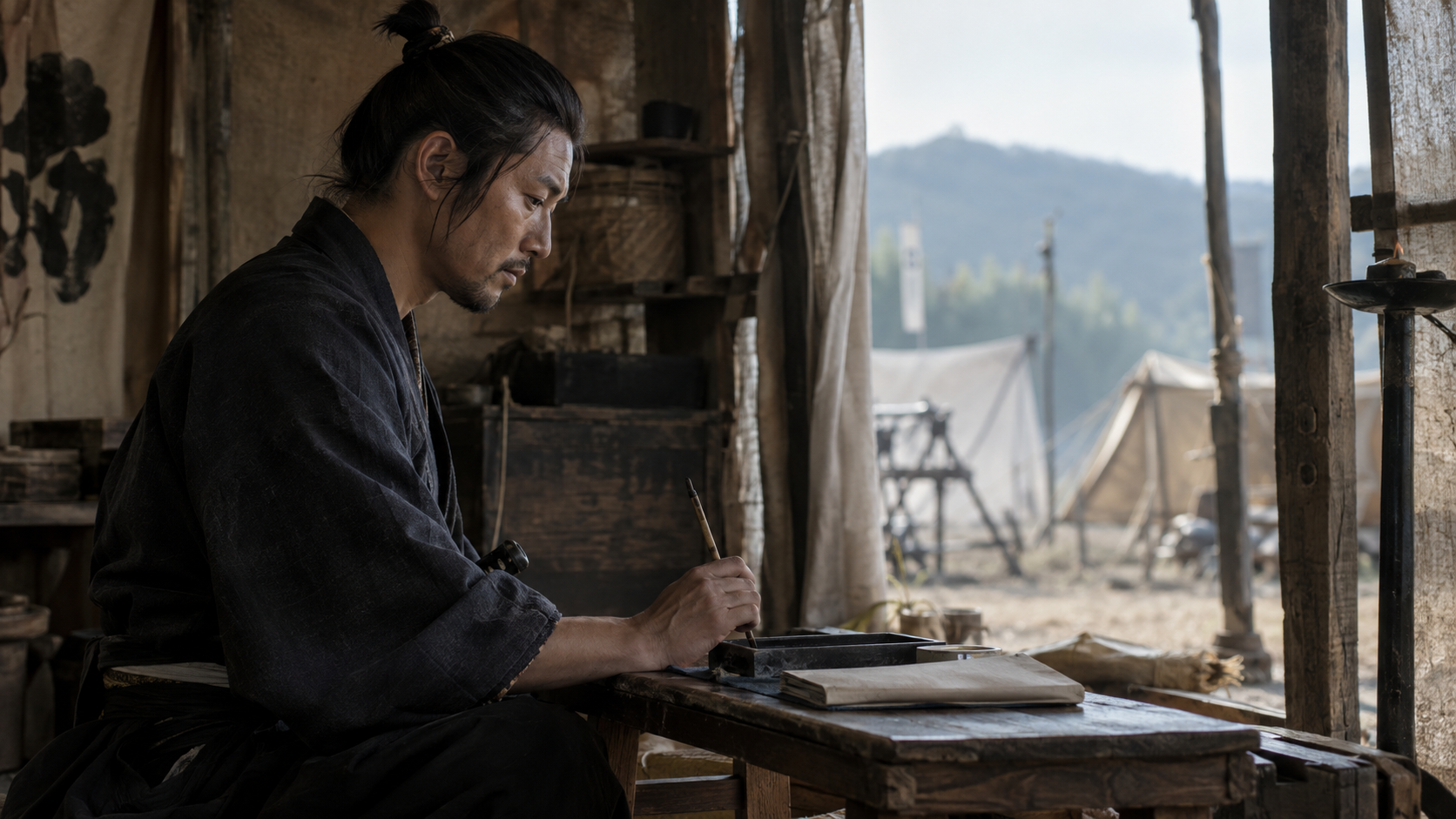 閉じた文書と筆を前にする匿名の武士の概念情景