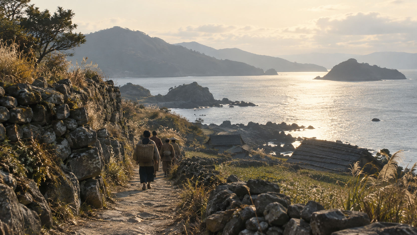 海沿いの道を歩く匿名の住民と石垣の概念情景