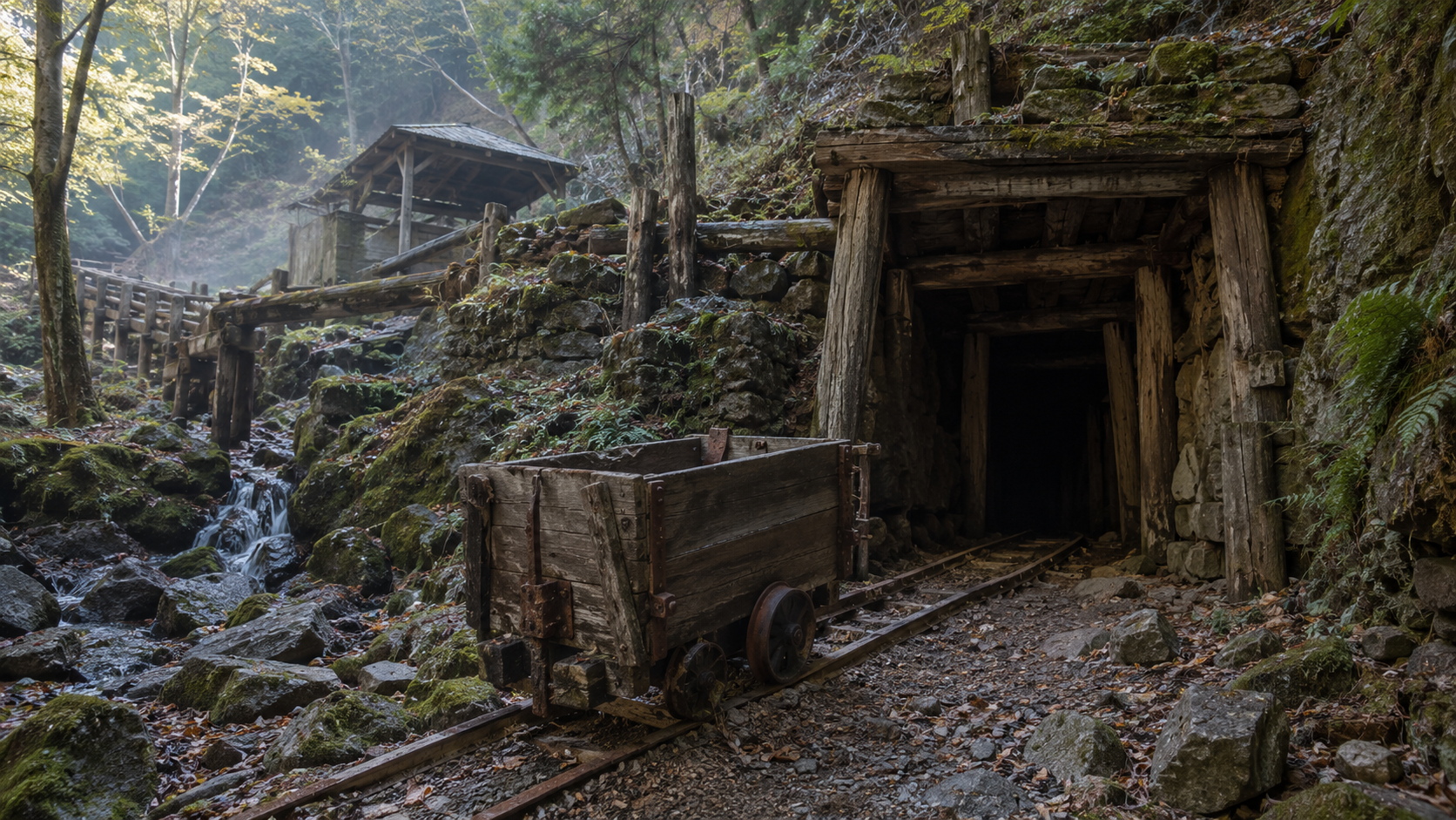 山間の坑口と鉱石運搬用の台車の創作情景