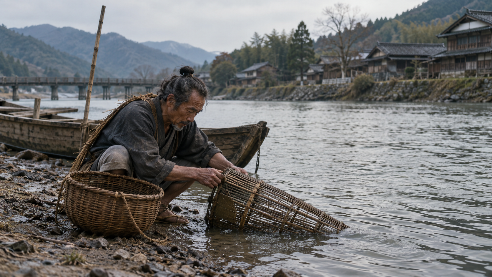 川辺で漁具を扱う匿名の人物の創作情景