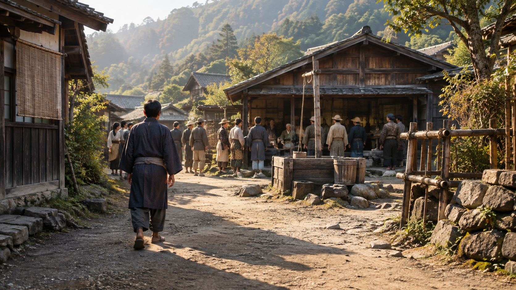 木造の村の通りに集まる匿名の人々の創作情景