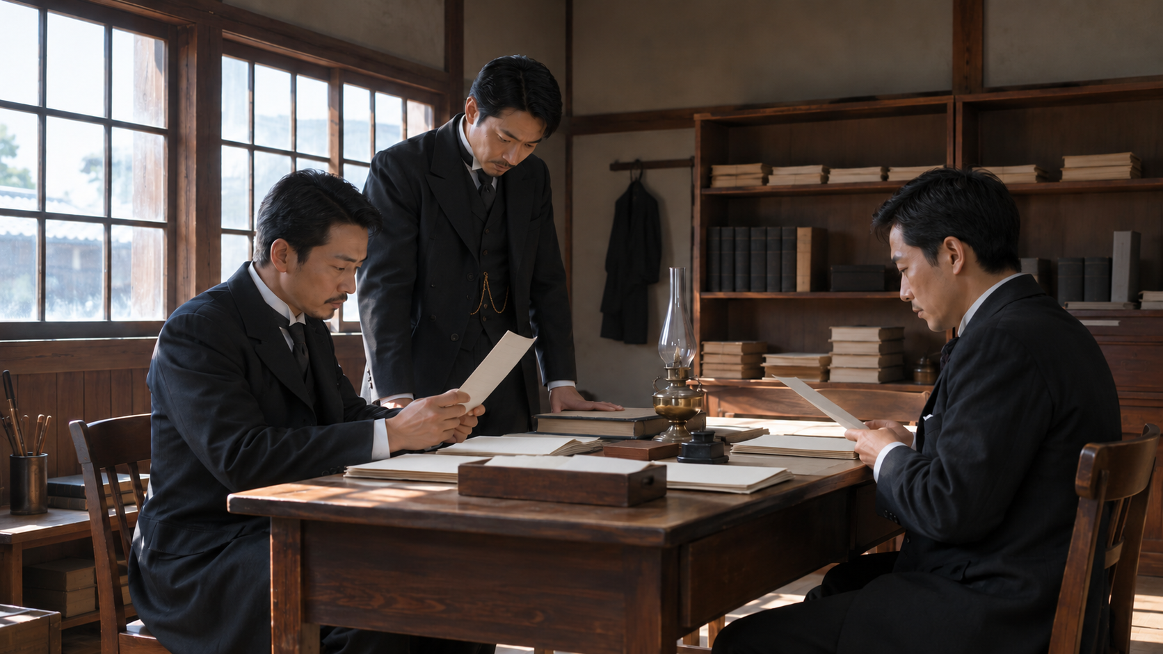 机で資料を確かめる明治時代風の匿名の人物たちの創作情景