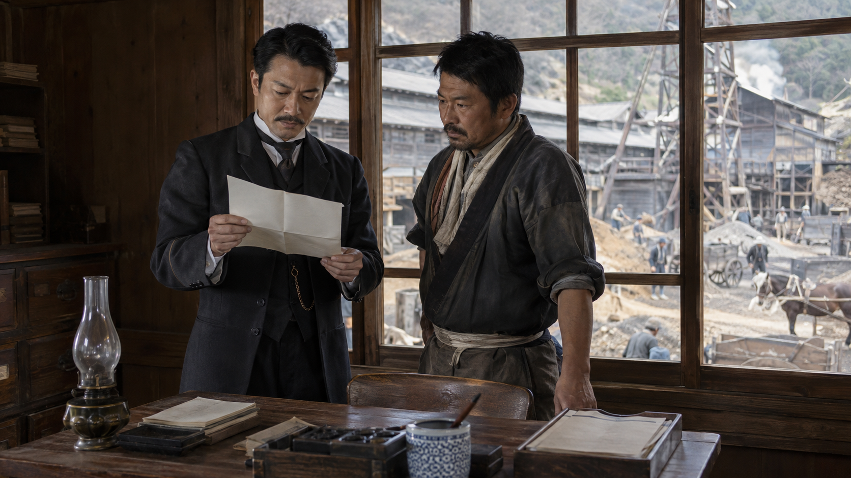 紙を確認する匿名の係員と鉱山労働者の創作情景