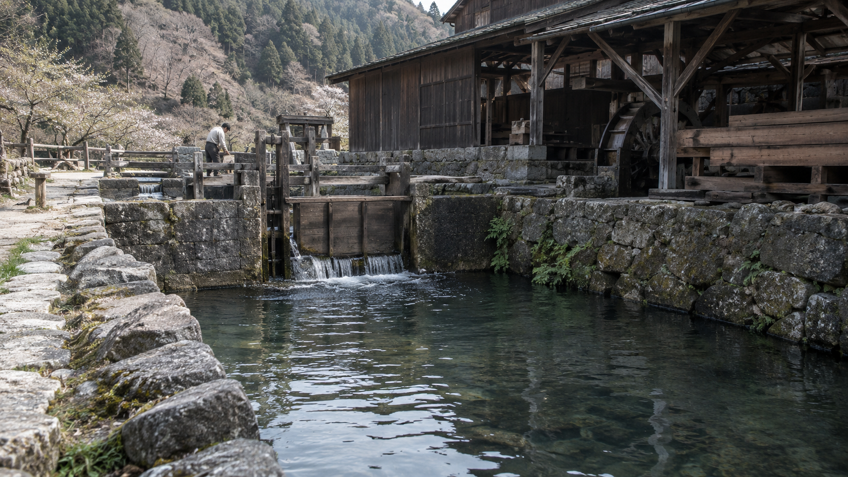 石と木で造られた水路と処理池を思わせる創作情景