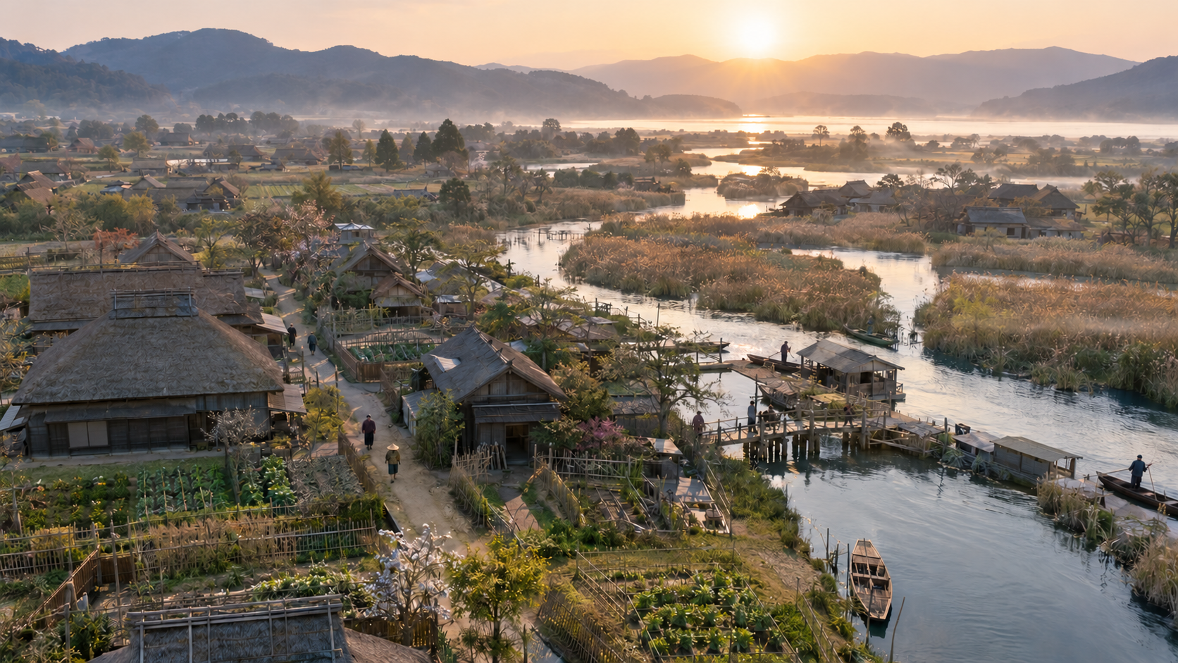 川と水路に囲まれた家々や畑を俯瞰する創作情景