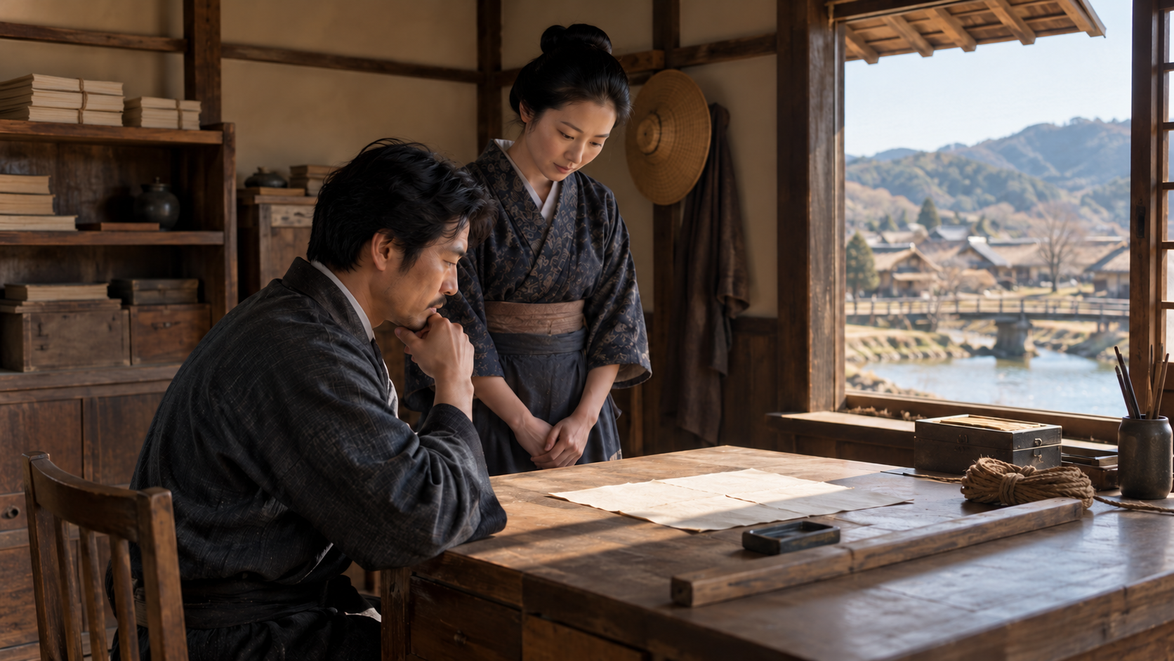 家の机で紙を確かめる匿名の家族の創作情景