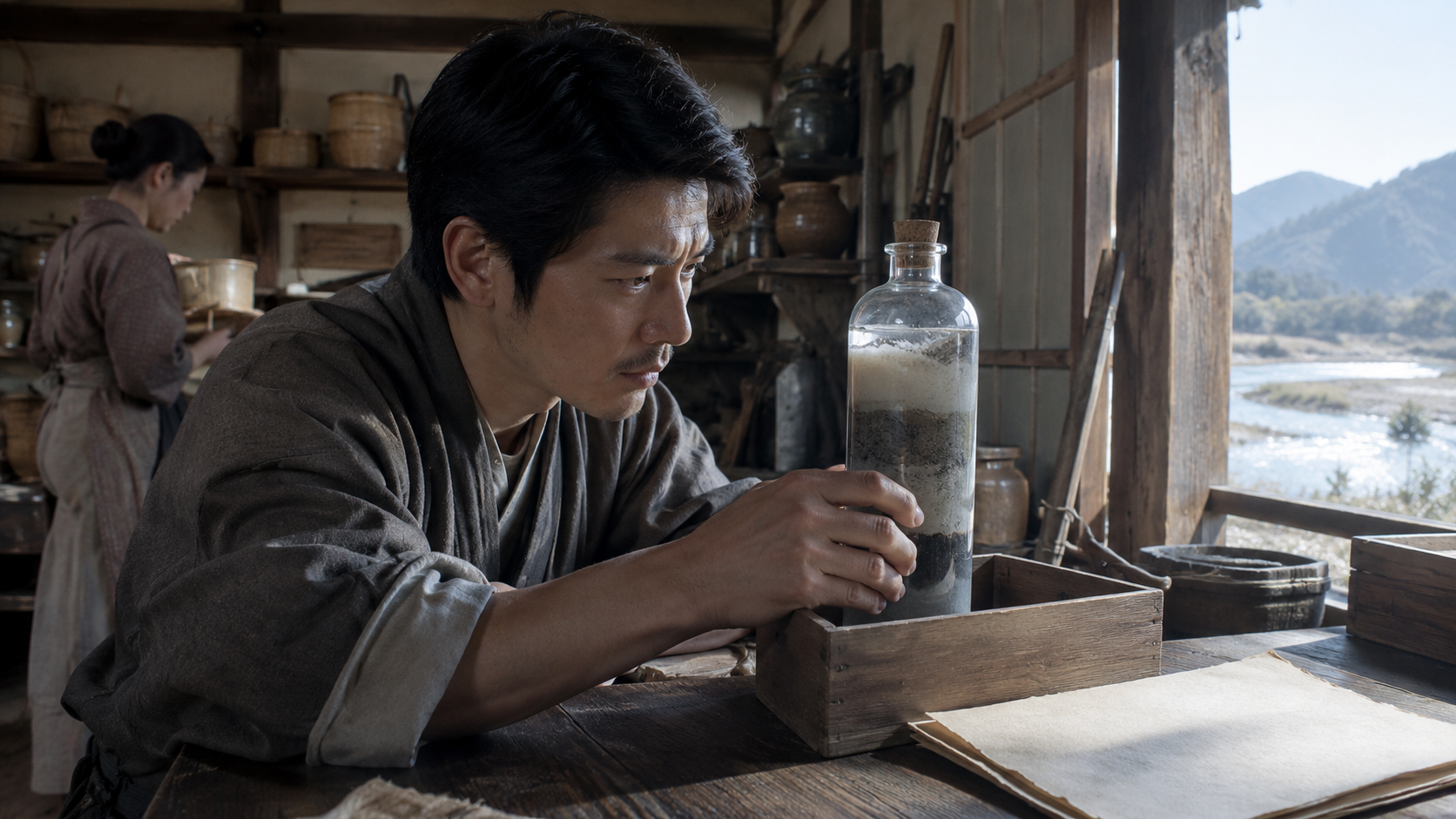 木の机で砂の瓶を調べる匿名の人物の創作情景
