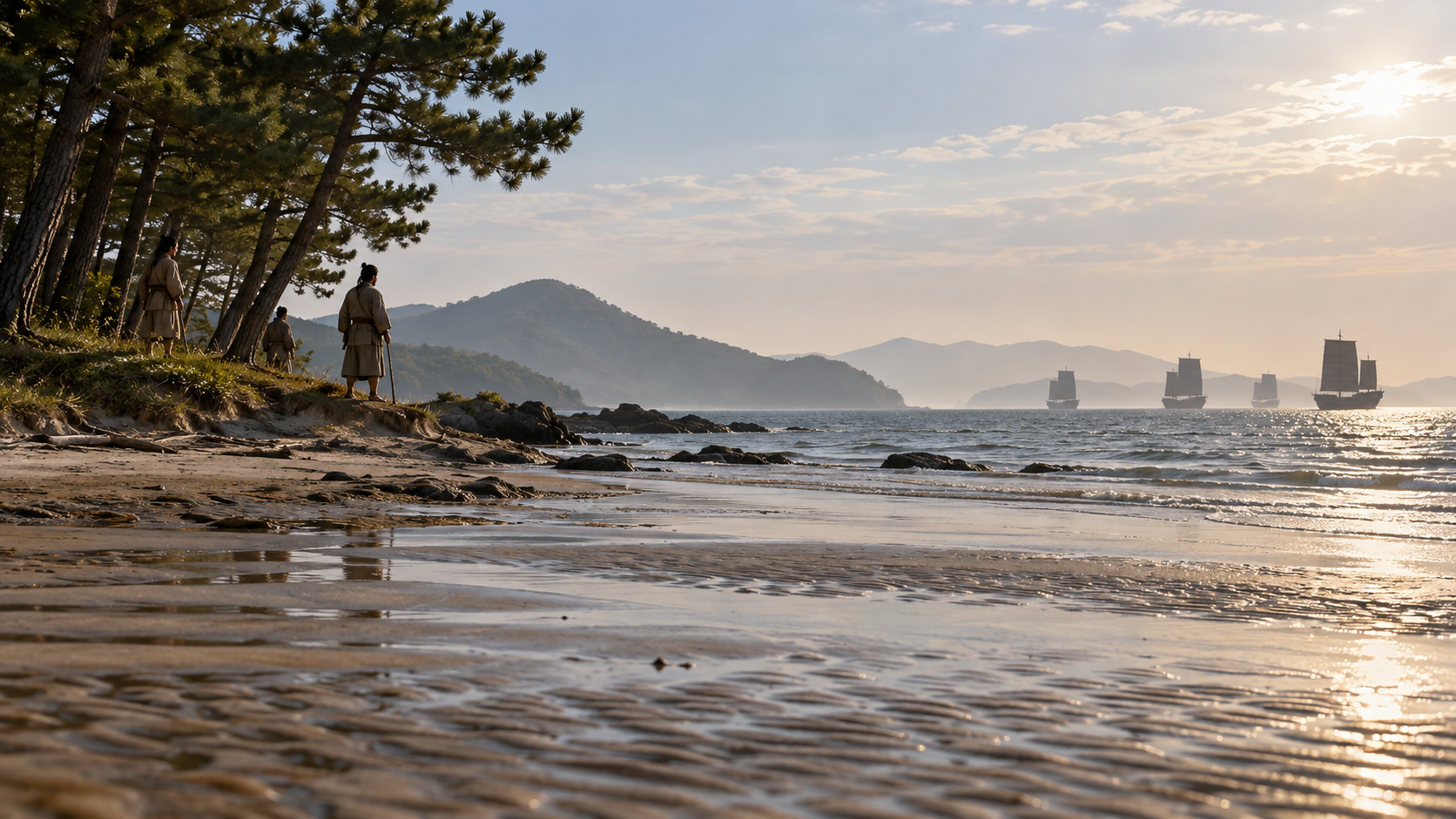 松のある海岸から沖の帆船を望む人々の創作情景