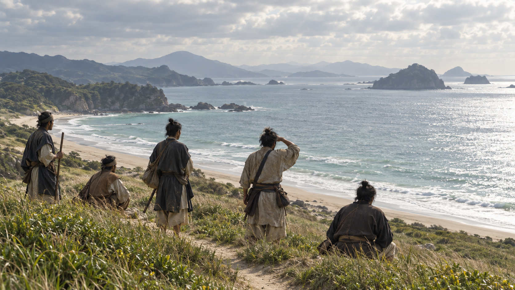 海を見渡す草地に集まった人々の創作情景