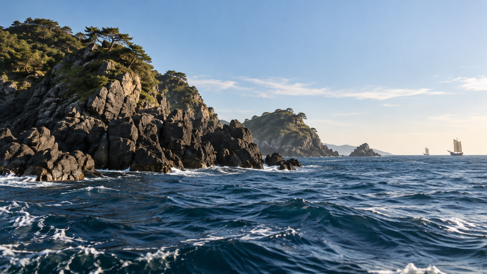 岩のある島の海岸と遠景の帆船を描く創作情景