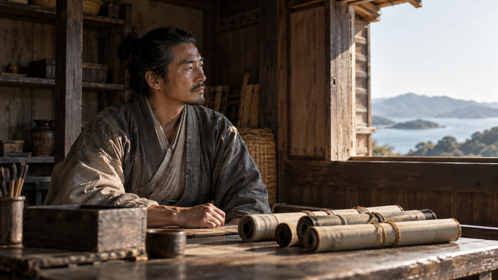 座敷で巻物を前に座る匿名男性の創作情景