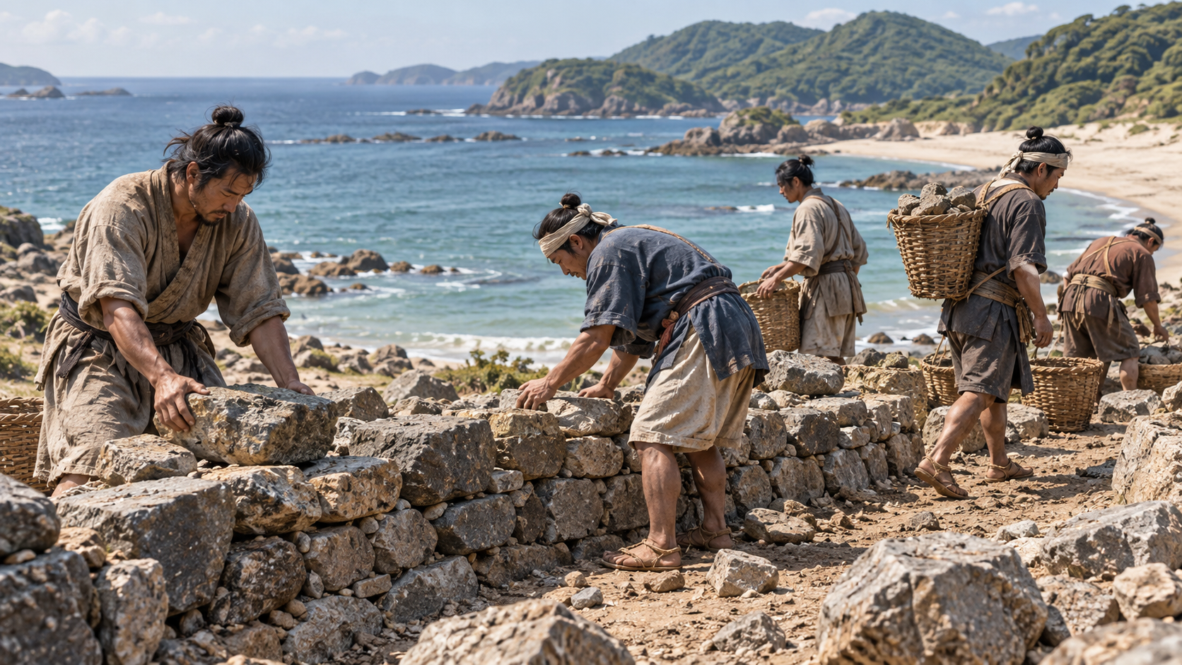 海岸で石を運び積む人々の創作情景