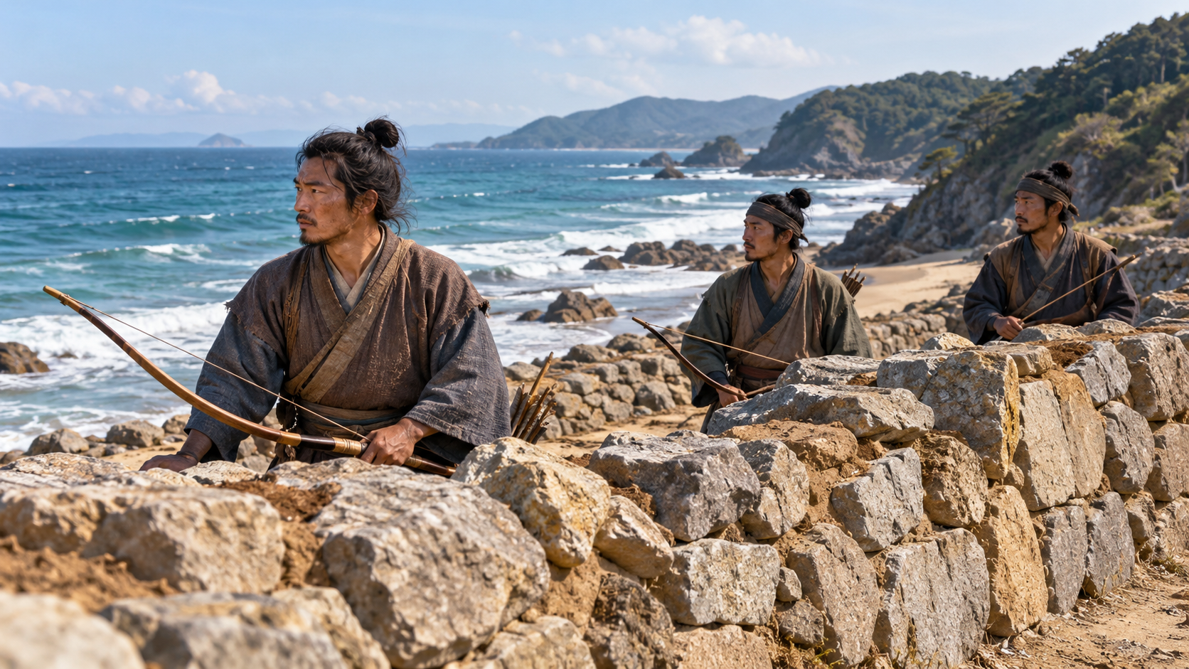 石積みの内側に座る人々の創作情景