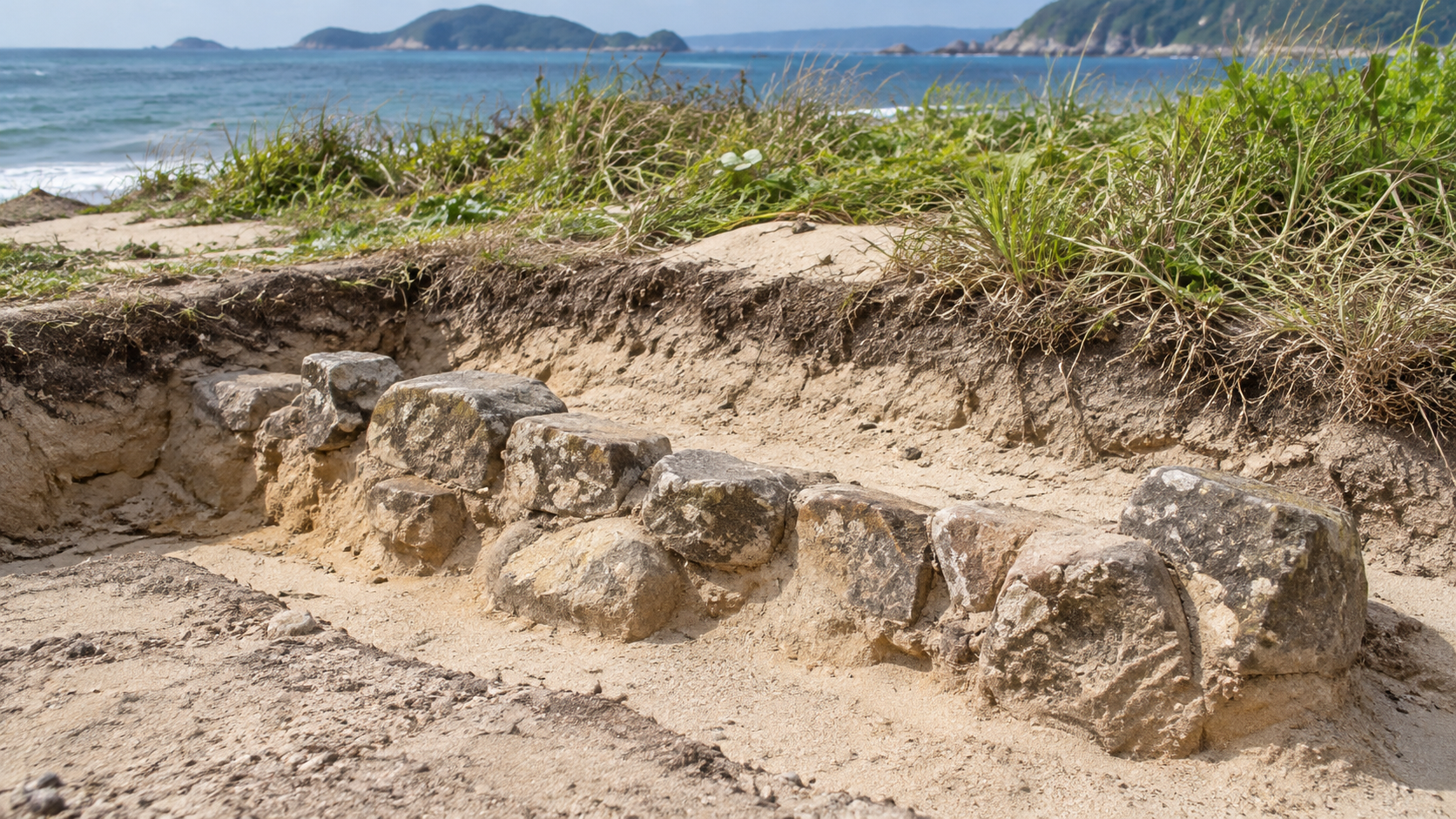 砂地の断面から石積みが現れる創作情景