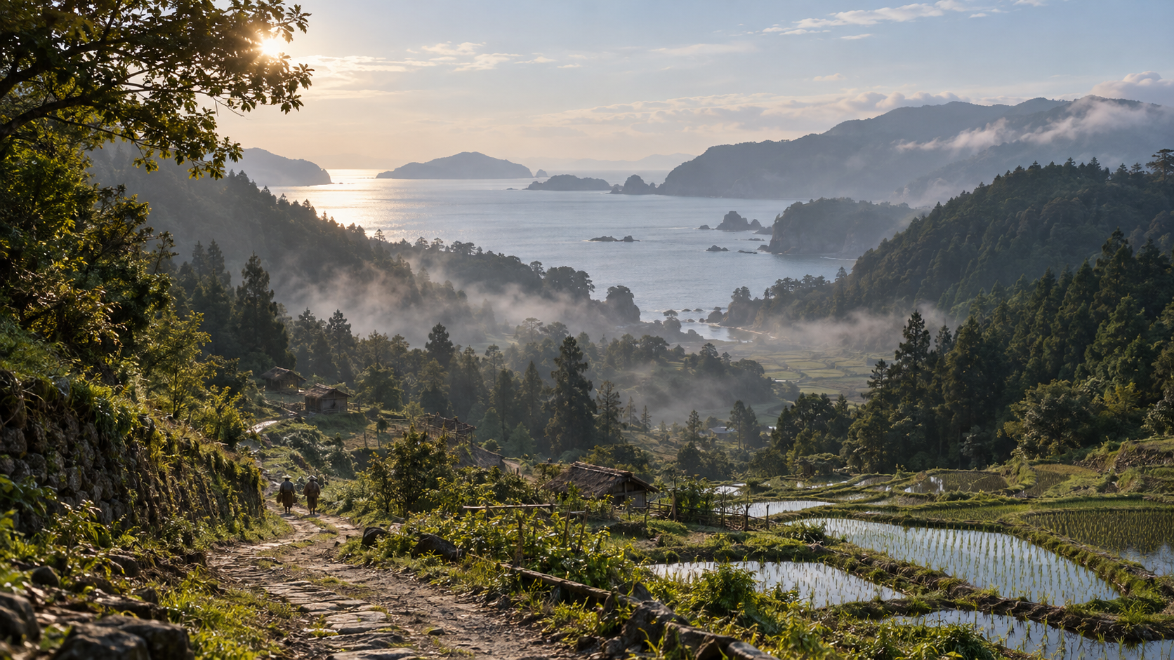 山の斜面の田畑から、朝の光が差す湾を望む創作景観