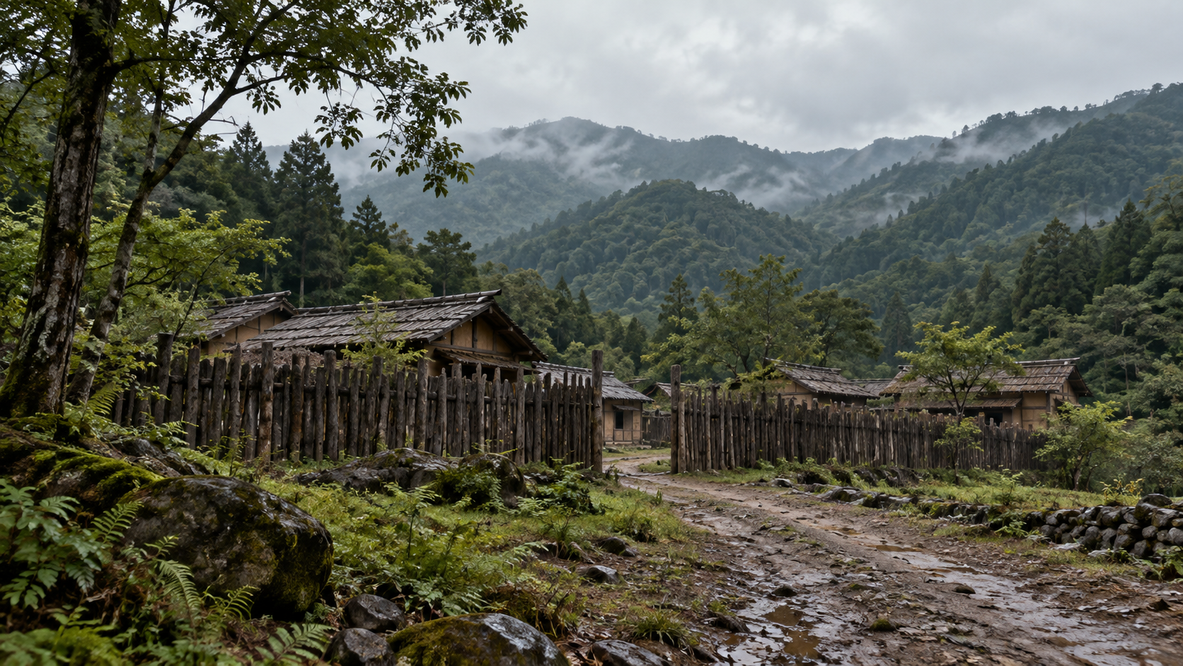 山間に置かれた質素な木柵と建物