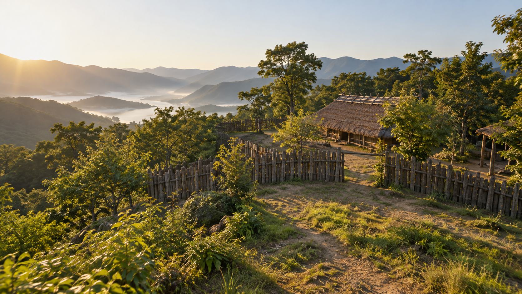 低い木造建物と柵がある木々に囲まれた山の尾根