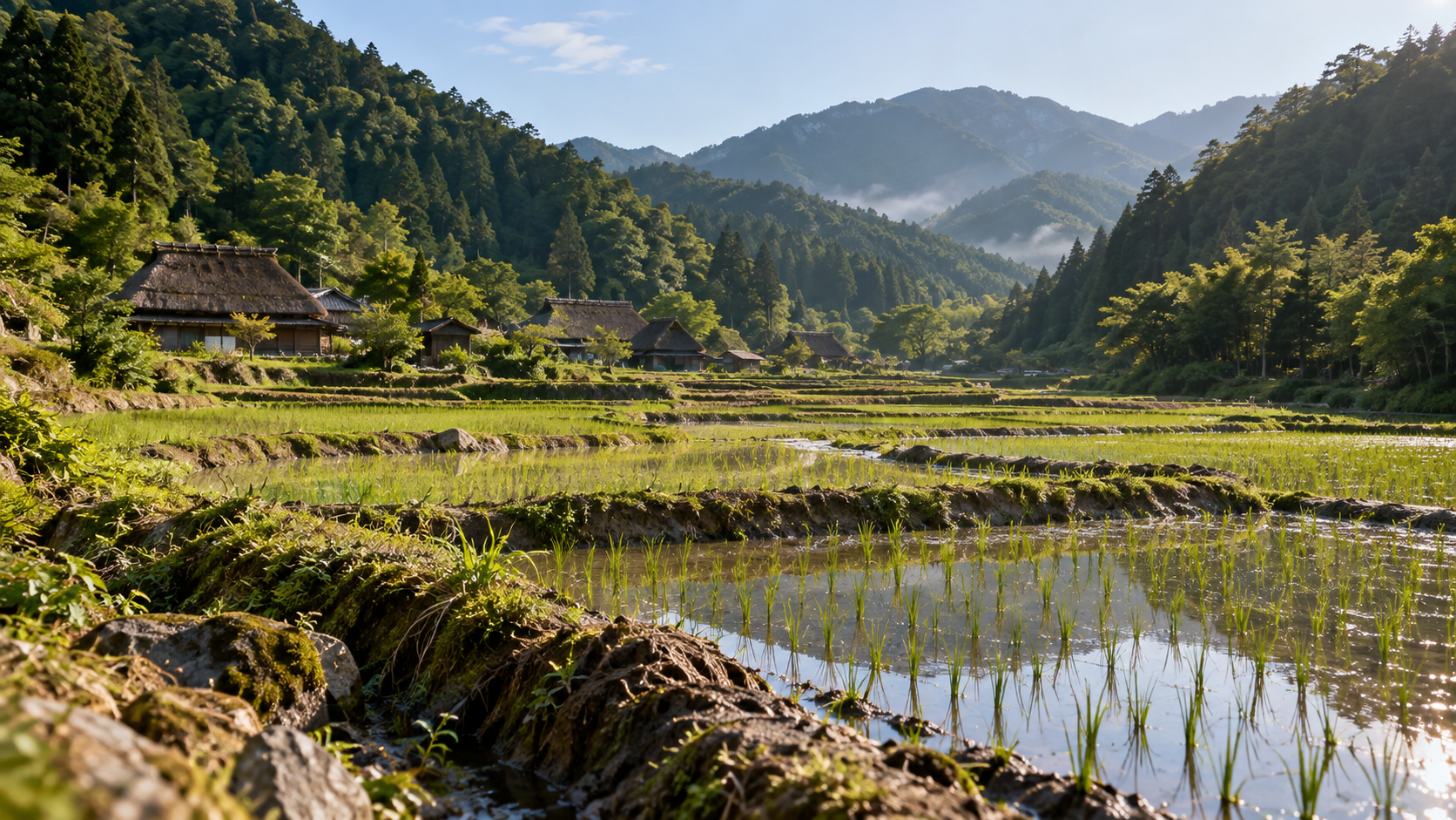 谷間の水田と土の畦、奥に続く家々