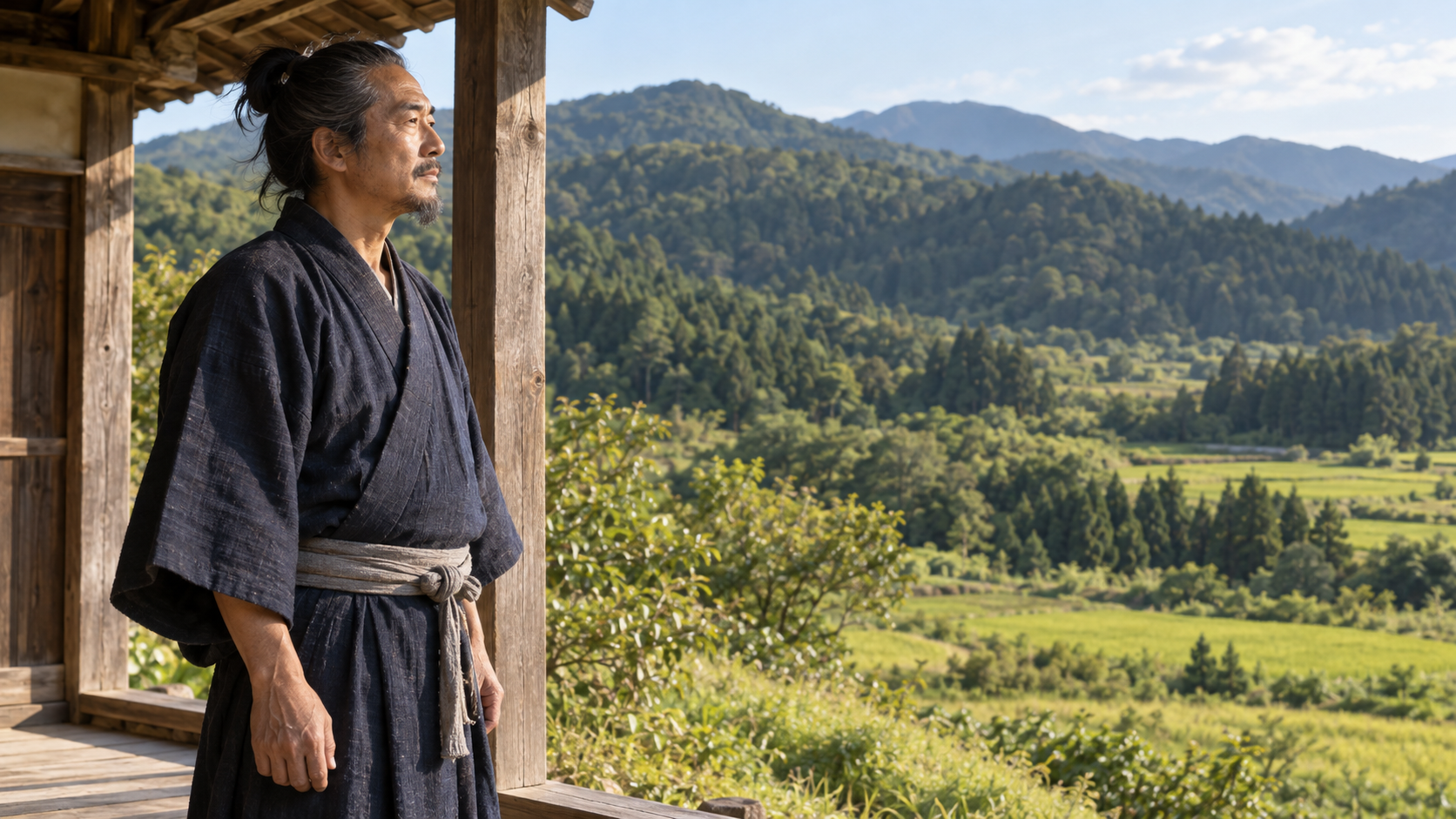 木造の縁に立ち田畑を望む匿名の年長の人物