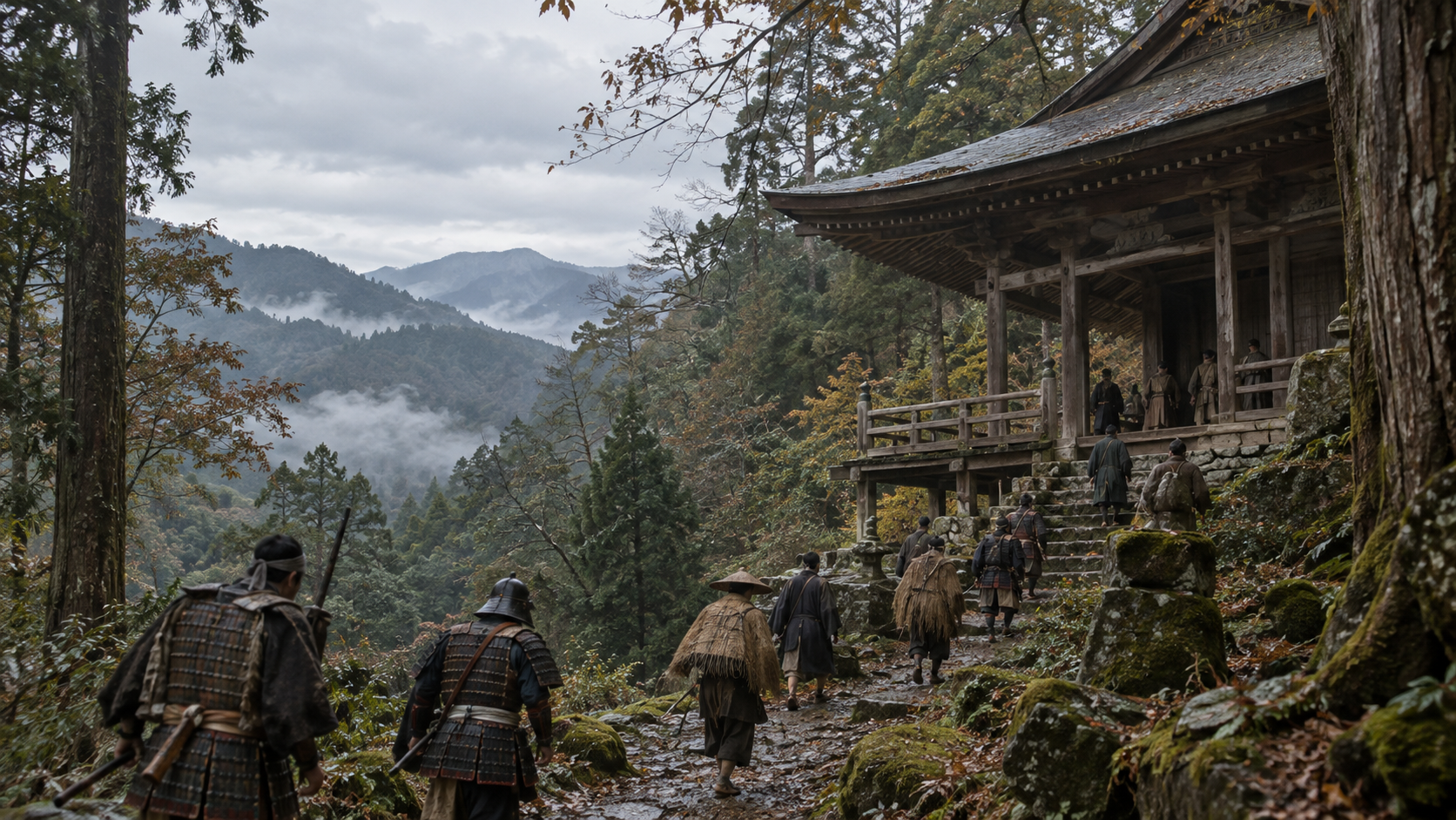 Imagined warriors approaching a mountain temple; not a view of Kasagi in 1331.