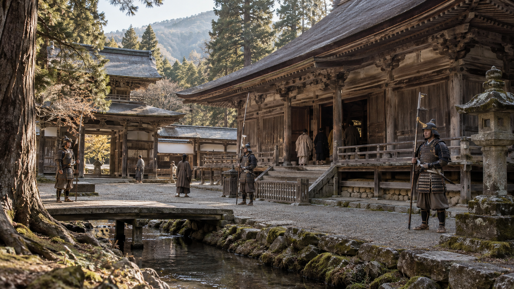 Imagined period figures in a mountain temple courtyard; not an exact reconstruction of the imperial temporary residence.