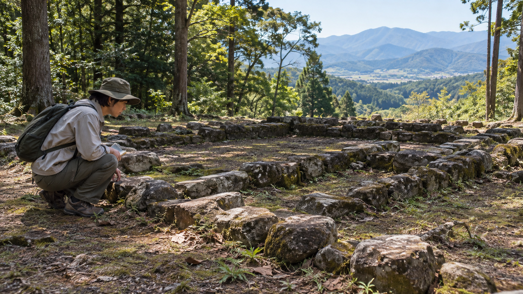 An imagined present-day person examining remains in woodland; not a photograph of fieldwork at Kasagi.